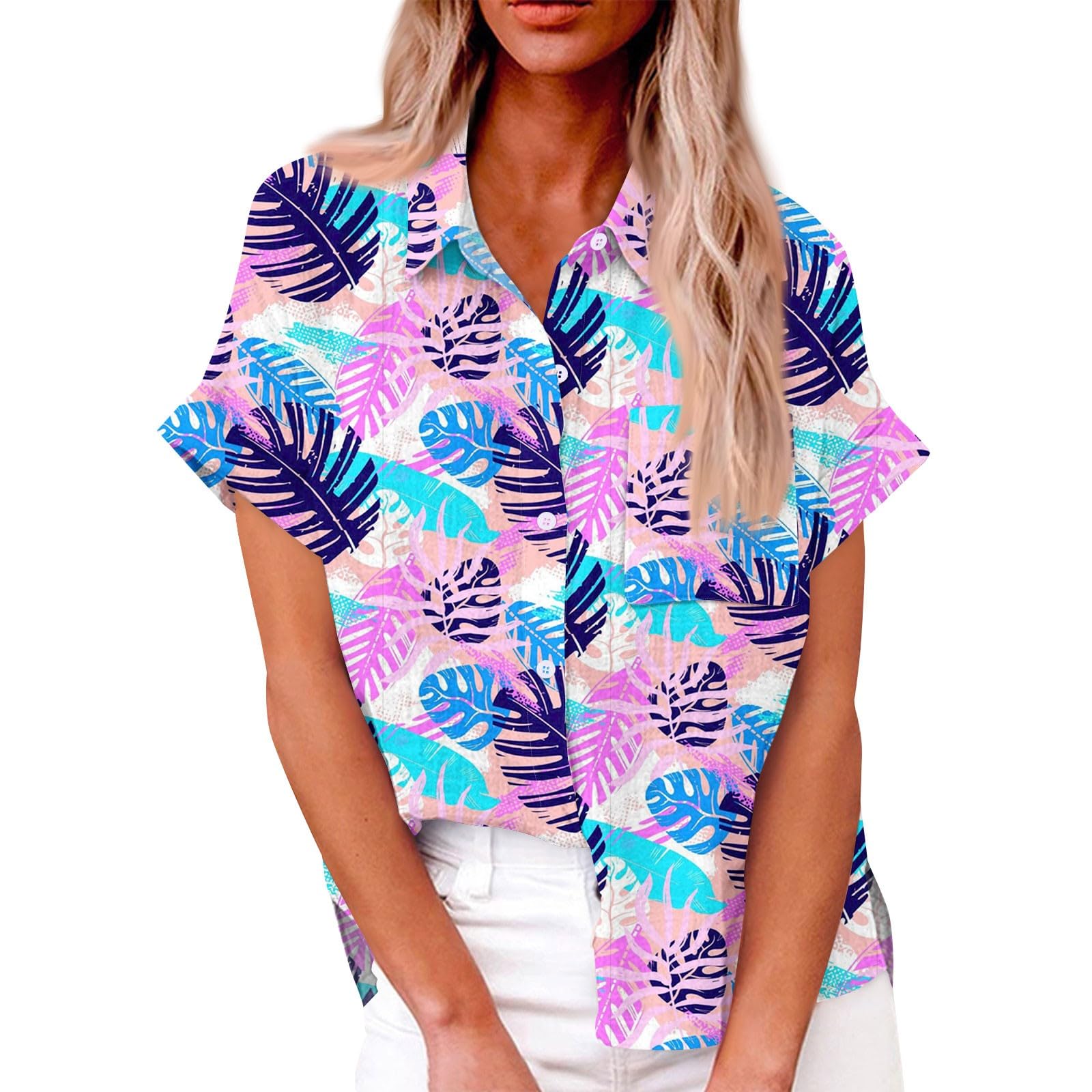 Women's Cotton Linen Short Sleeve Button Down Shirt - Casual V-Neck Hawaiian Summer Top with Pockets | Loose Fit for Work, Beach & Vacation Outfits