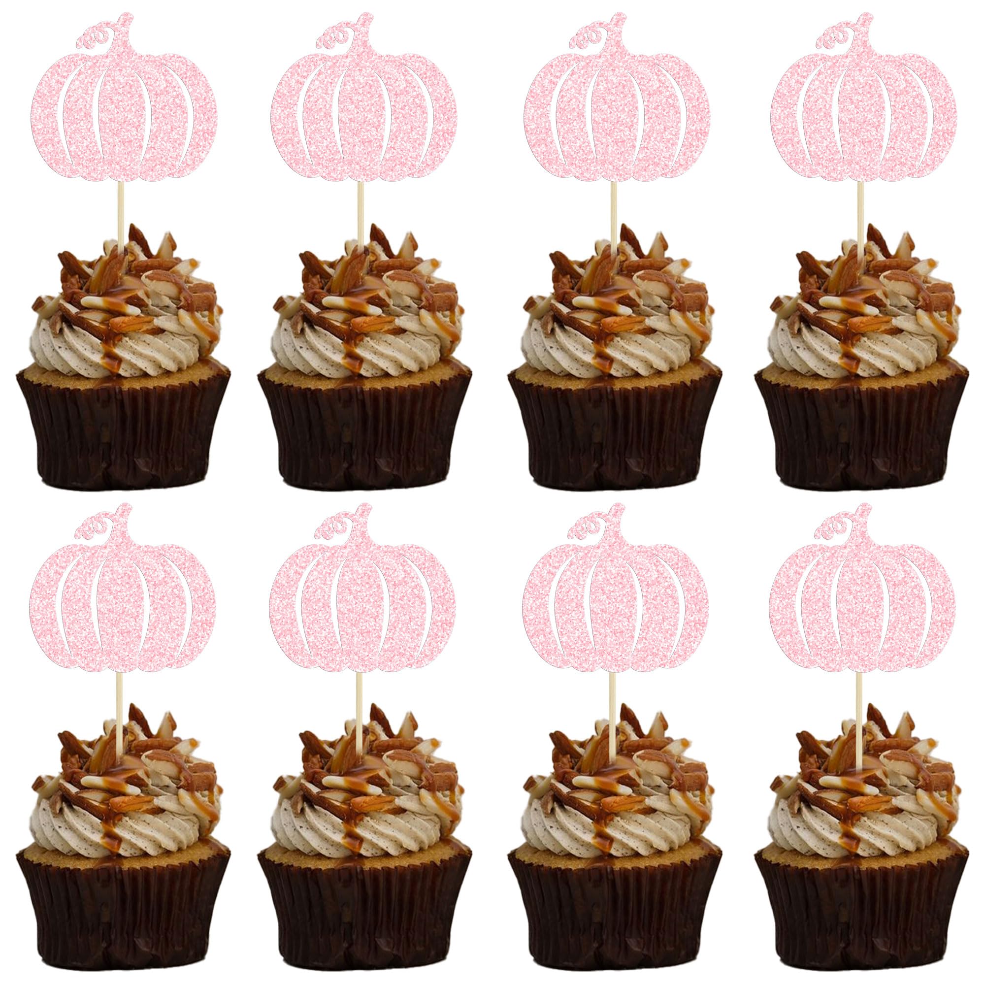 24Pcs Pink Pumpkin Cupcake Toppers - Fall Baby Shower, Birthday & Halloween Party Decorations for Girls | Thanksgiving, Autumn Theme Cake Decor | Perfect for Fall Weddings, Thanksgiving Desserts & Halloween Treats