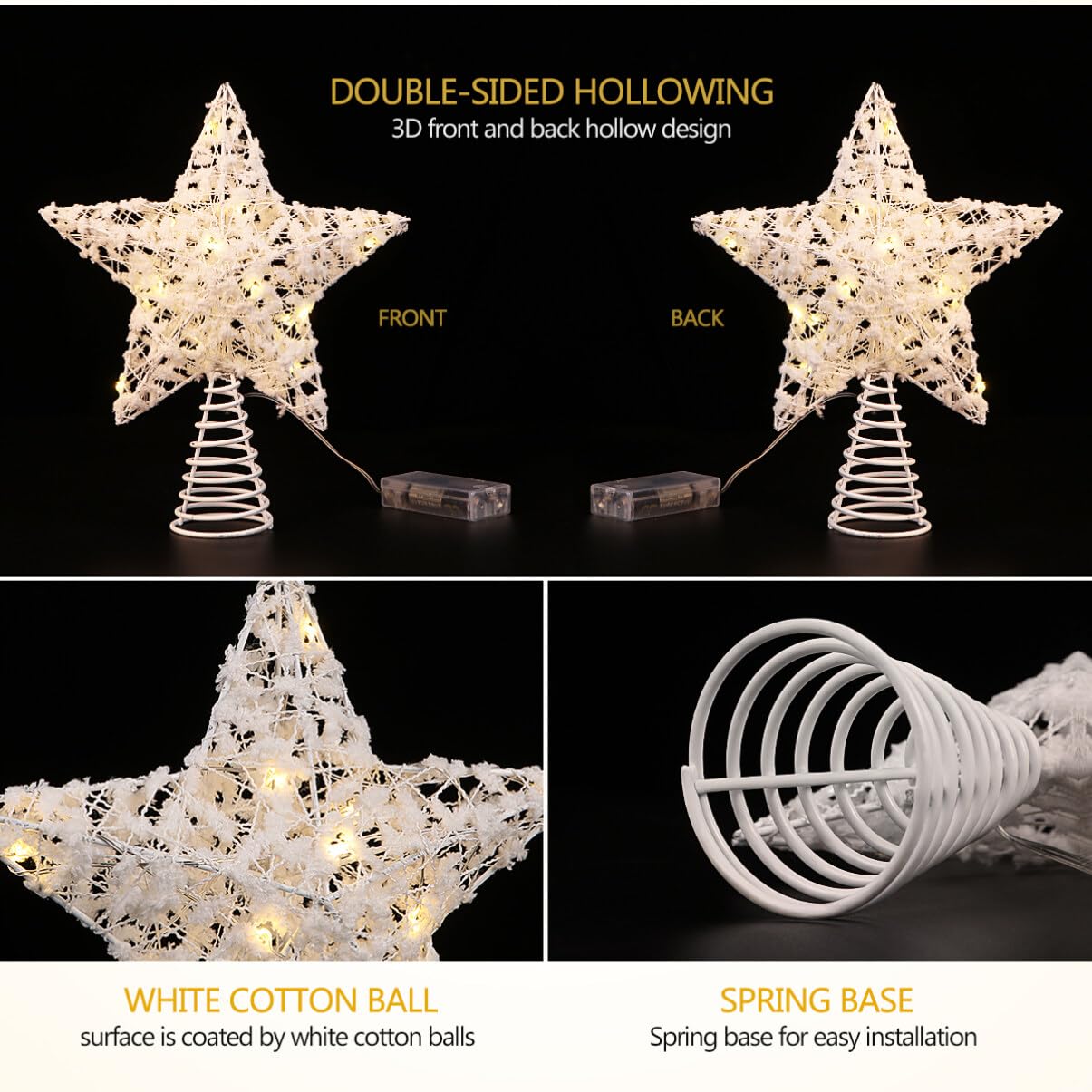 Unomor Christmas Star Tree Topper - 15 LED Lights with White Cotton Balls & Hollow Metal Design | Battery Operated Holiday Decor for Xmas Trees, Home, Party & Festive Celebrations