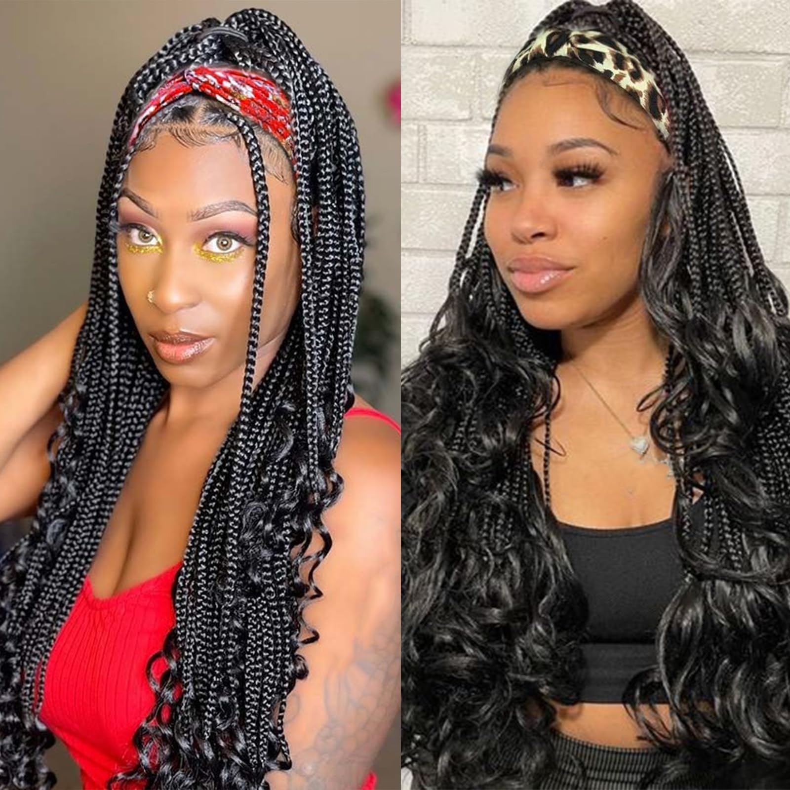 Black Box Braided Headband Wig with Curly Ends for Women - Crochet Braiding Hair with Natural Look | Perfect for Protective Styling, Cosplay & Everyday Wear