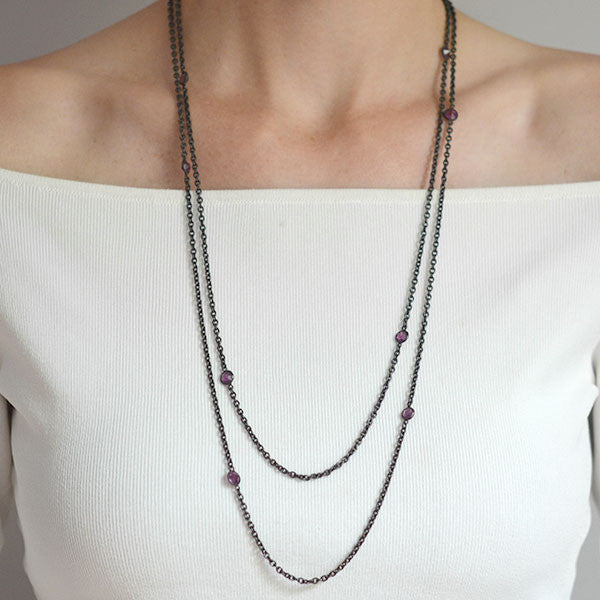 Victorian Style Long Gunmetal & Purple Crystal Chain Necklace - 60 Inch Elegant Statement Jewelry for Women, Perfect for Evening Gowns, Prom Dresses, and Special Occasions