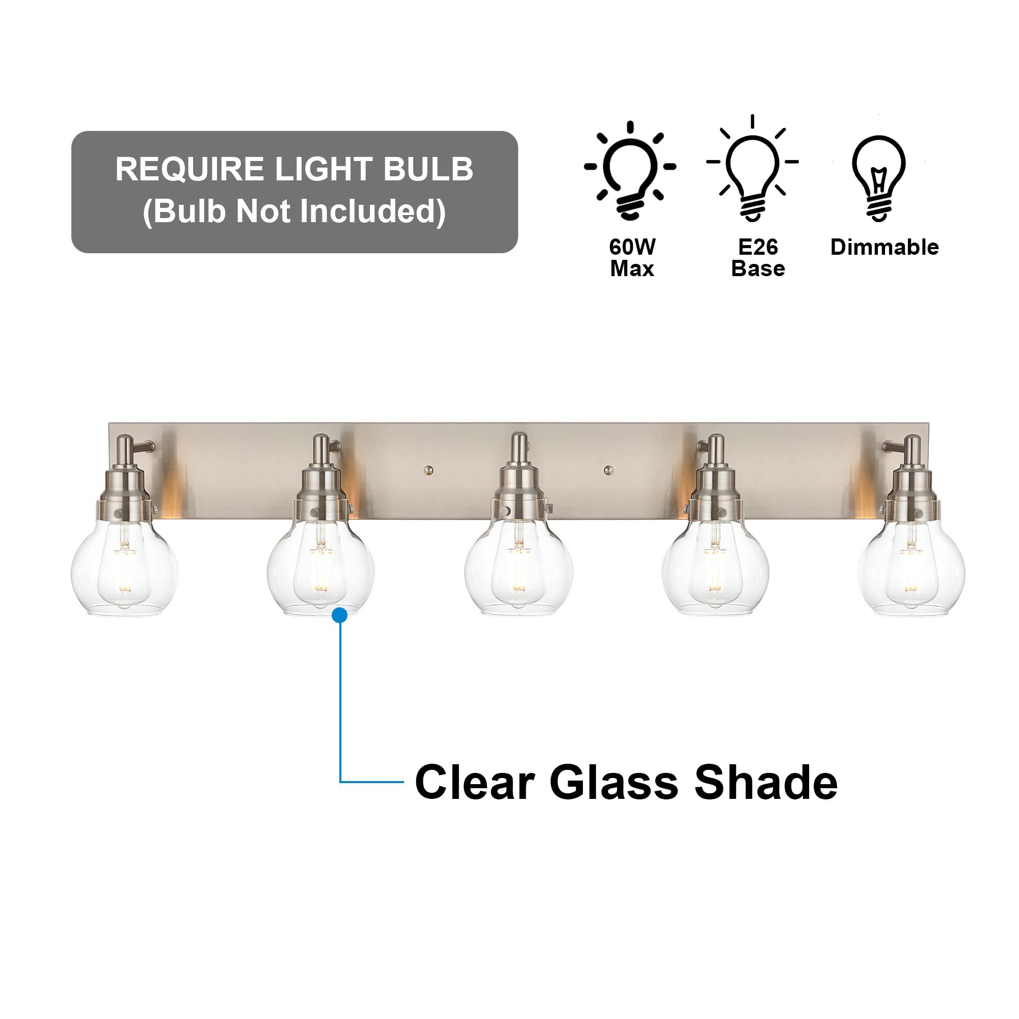 Brushed Nickel 5-Light Bathroom Vanity Lighting with Clear Globe Glass, E26 Base - Perfect for Mirror, Bath, Hallway & Indoor Wall Decor