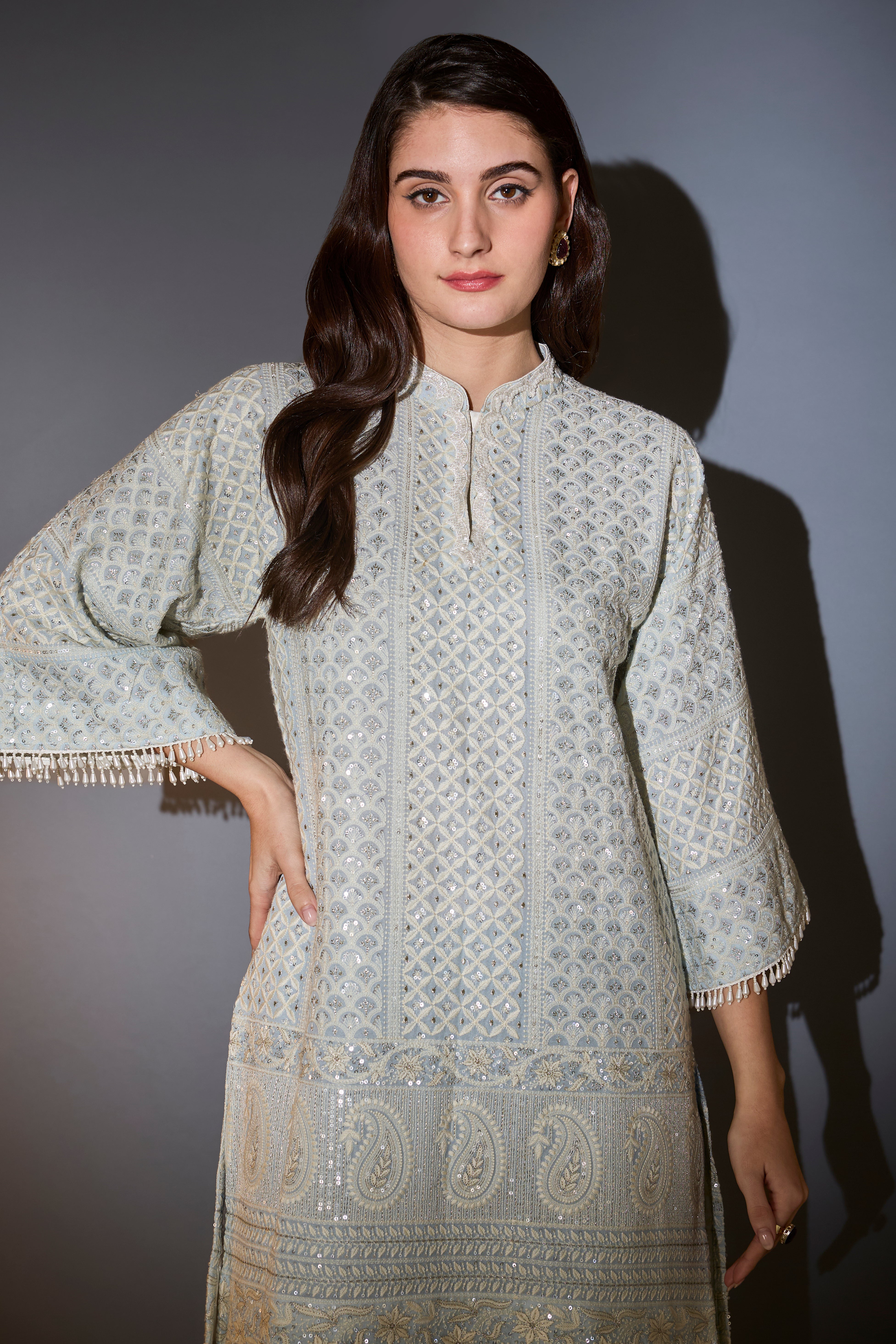 Elegant Powder Blue Chikankari Suit Set with Intricate Thread & Sequins Embroidery | Perfect for Weddings, Parties & Festive Occasions