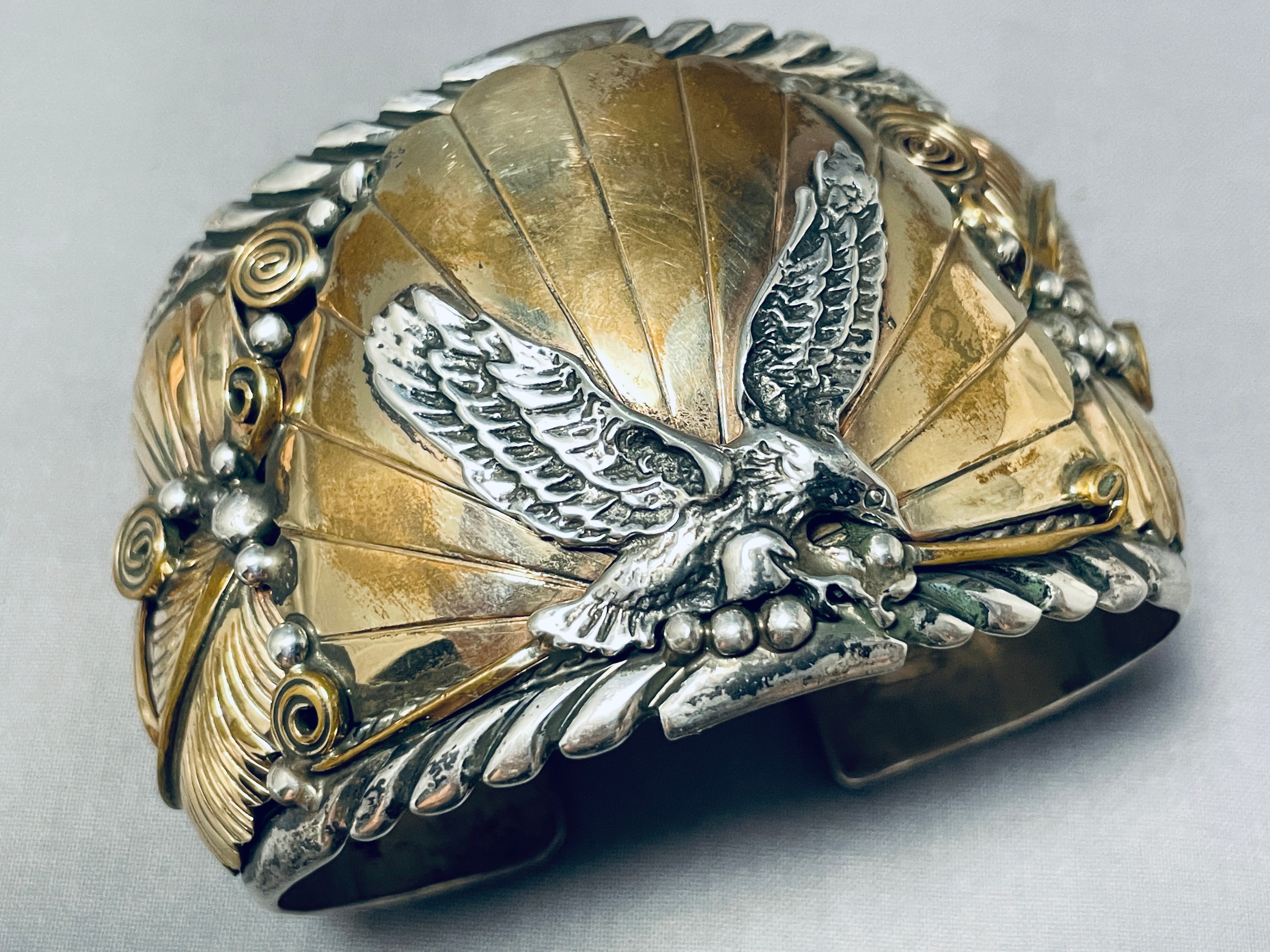 122 Gram Vintage Al Chee Navajo Native American Sterling Silver Eagle Bracelet - Handcrafted Jewelry for Women, Boho Style Accessories, Perfect for Festivals & Special Occasions