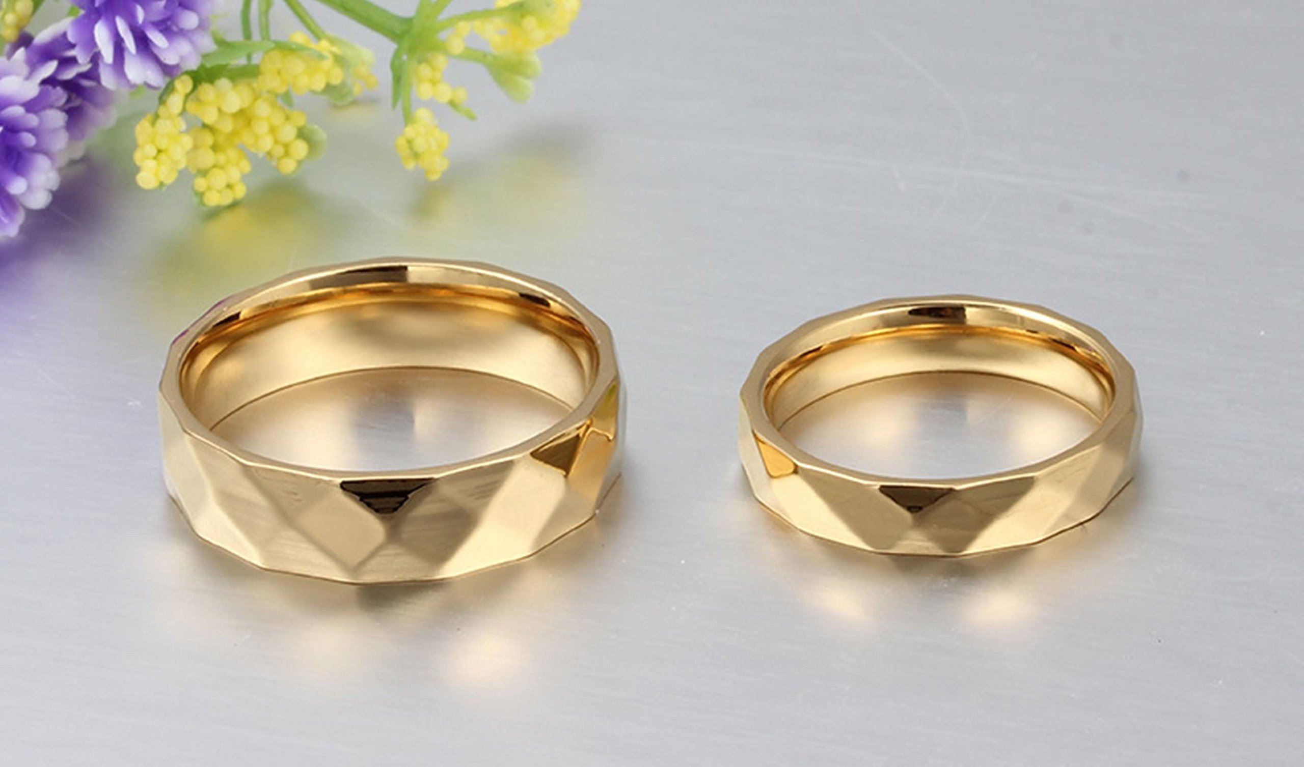 AueDsa Couples Ring Set - 6MM Round Rhombus Stainless Steel Wedding Band in Black, Rose Gold & Silver - Women's Size N 1/2 & Men's Size R 1/2 - Perfect for Anniversaries, Engagements and Everyday Wear