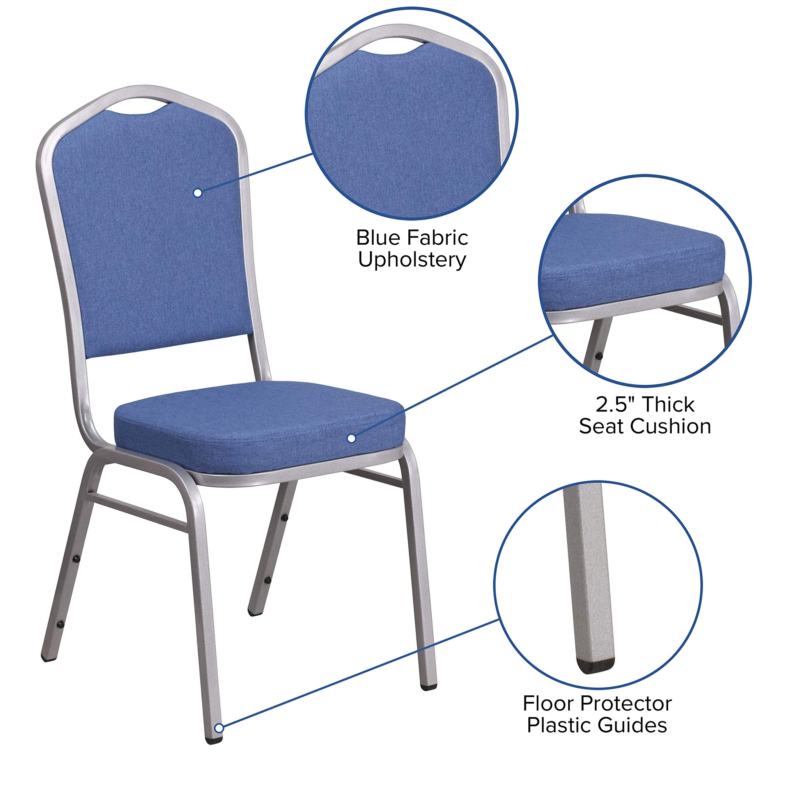 EMMA + OLIVER 4 Pack Blue Fabric Crown Back Stacking Banquet Chairs with Silver Frame - Perfect for Weddings, Events & Home Dining
