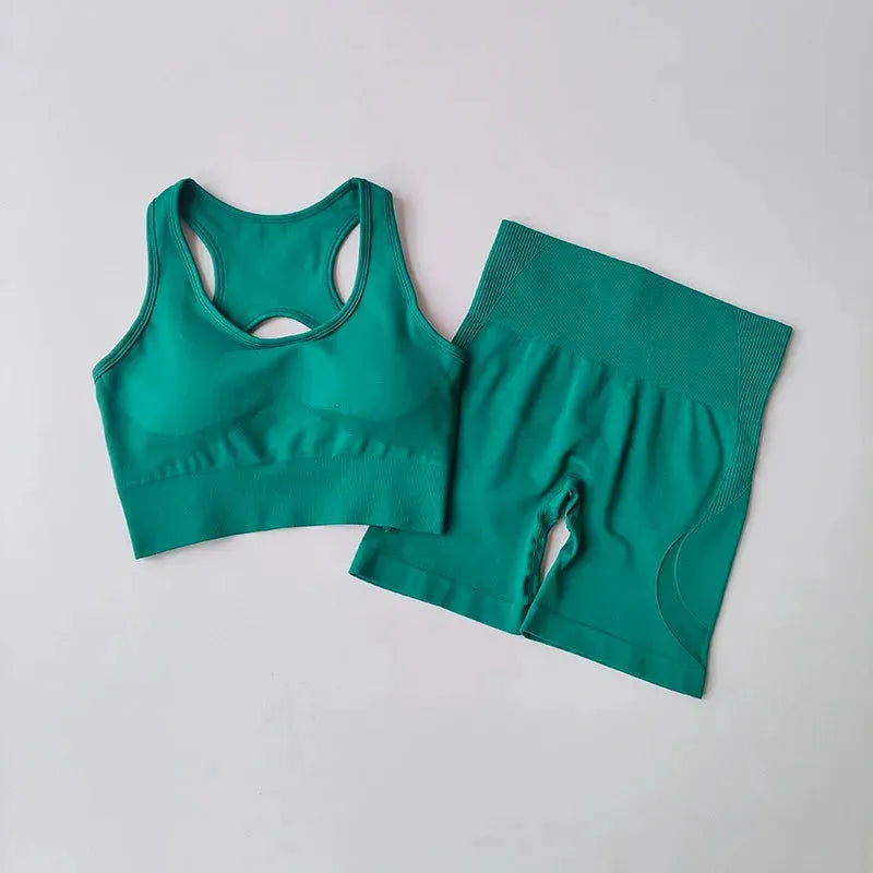 2 PCS Women's Seamless Yoga Set - Sexy Sports Bra & High Waist Workout Shorts - Gym Clothing for Women - Fitness Activewear Set - Perfect for Yoga, Pilates, Running & Gym Training