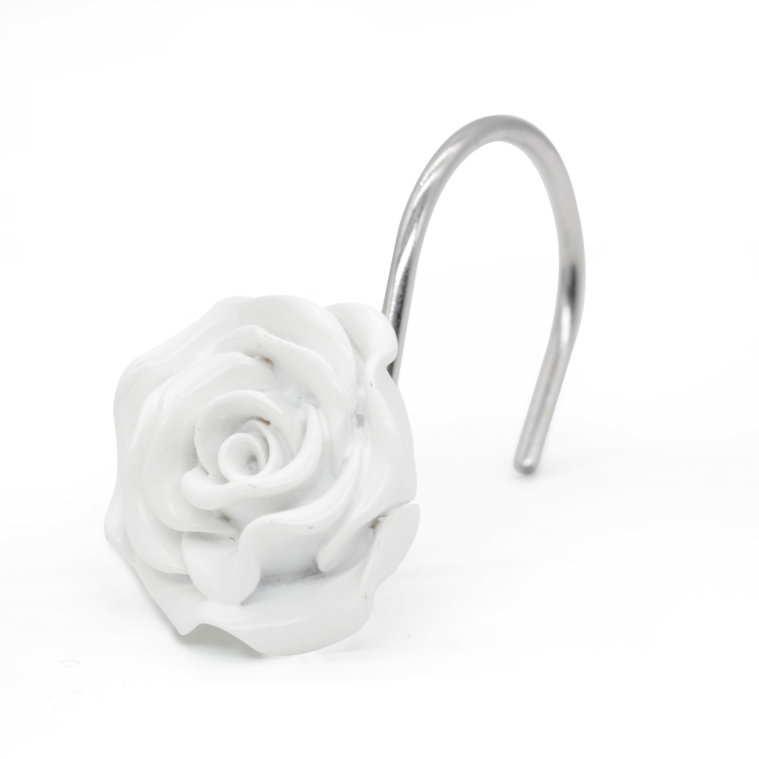 BEAVO 12 Pack Rustproof Resin Rose Flower Shower Curtain Hooks - Decorative Bathroom Accessories for Shower Rods & Curtains, White - Perfect for Home, Hotel, and Spa Decor