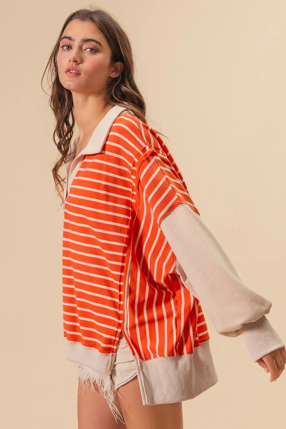 BiBi Stripe Knit Loose Fit T-Shirt with Cut Edge Detail - Casual Women's Top for Everyday Wear, Outings & Layering