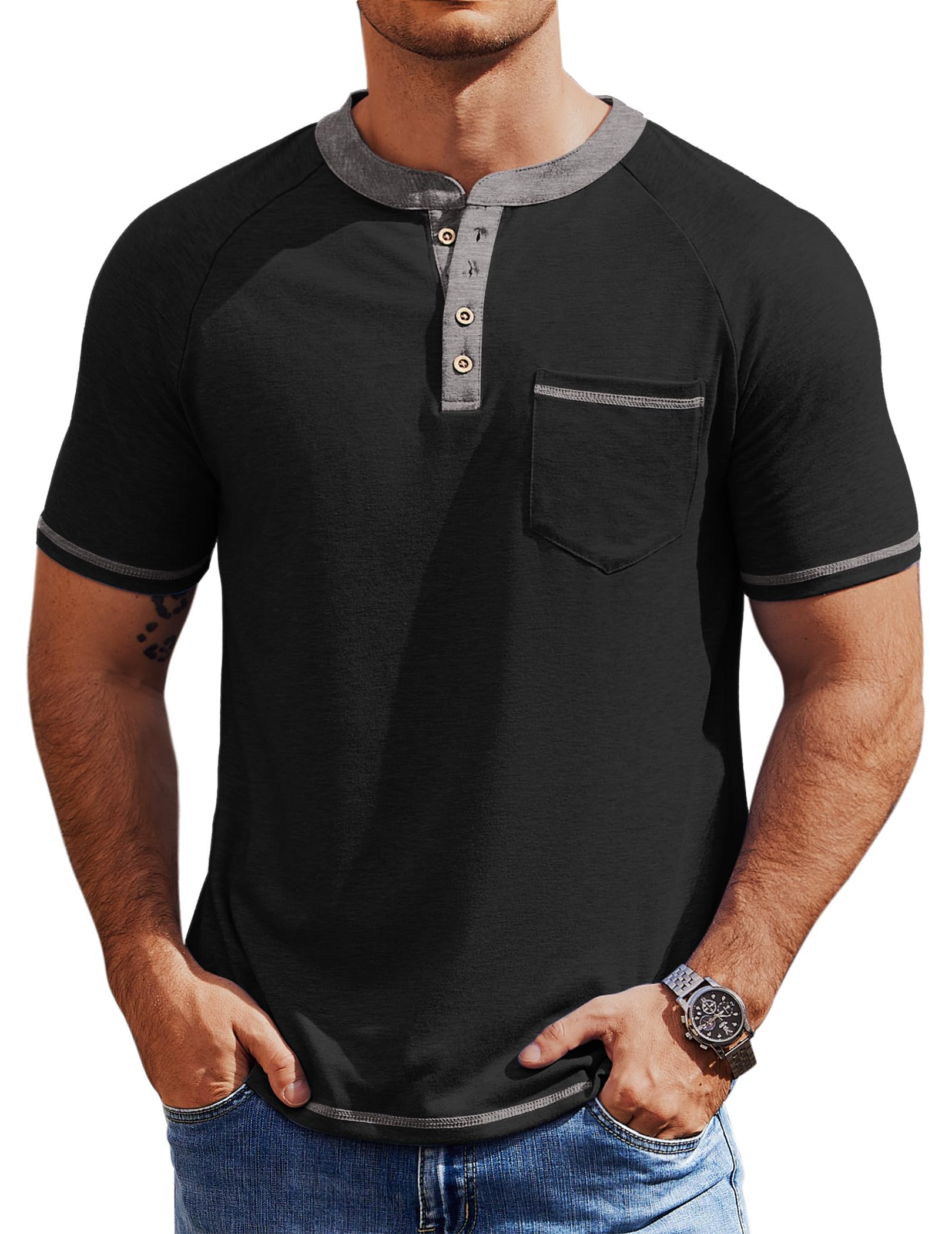 COOFANDY Men's Vintage Short Sleeve Henley Shirt with Pocket - Casual Button Up T-Shirt for Summer | Perfect for Outdoor Activities, Beach Wear & Everyday Casual Outfits