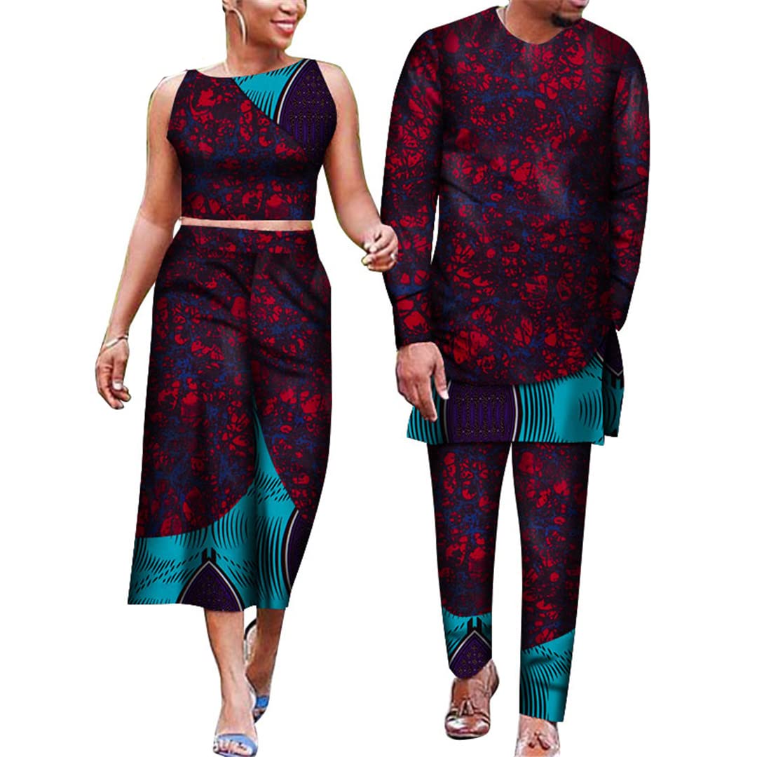 African Print Couple Outfits - Floral Crop Top & Skirt Set for Women & Dashiki Suit for Men - Plus Size 18 XL - Perfect for Valentine's Day, Wedding, Anniversary & Cultural Events