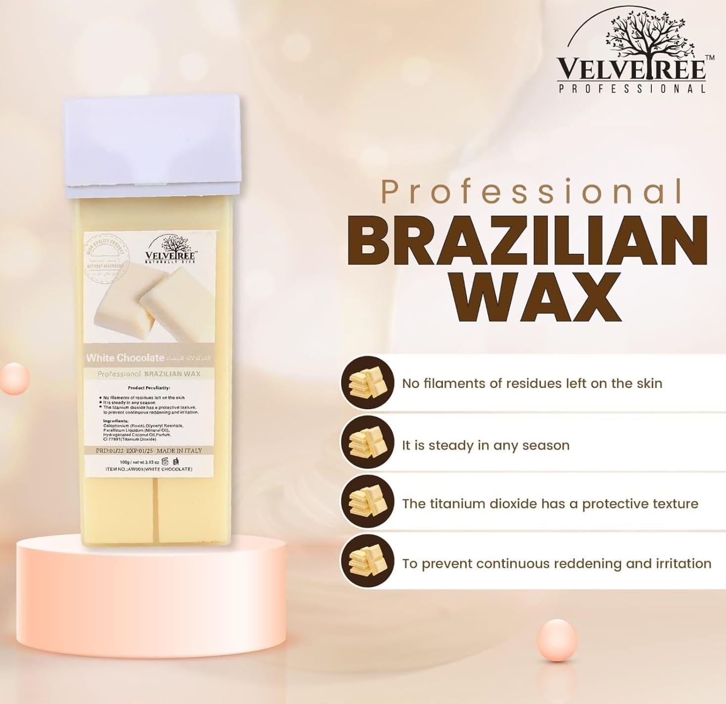 Velvetree White Chocolate Roll-On Wax Refill Kit - Hair Removal Wax for Full Body, Legs, Bikini & Face - Smooth Skin for Women - Perfect for Home Waxing & Salon Use