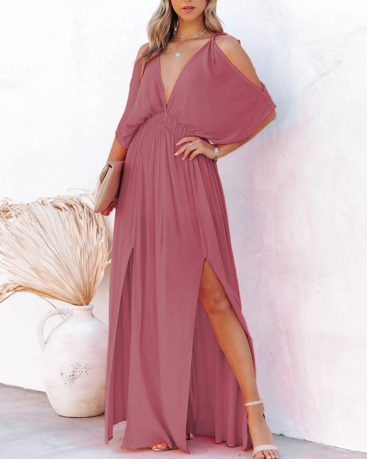 Women's Summer V-Neck Cold Shoulder Short Sleeve Maxi Dress - High Waist Split Wedding Guest Long Dress for Beach, Party & Special Occasions