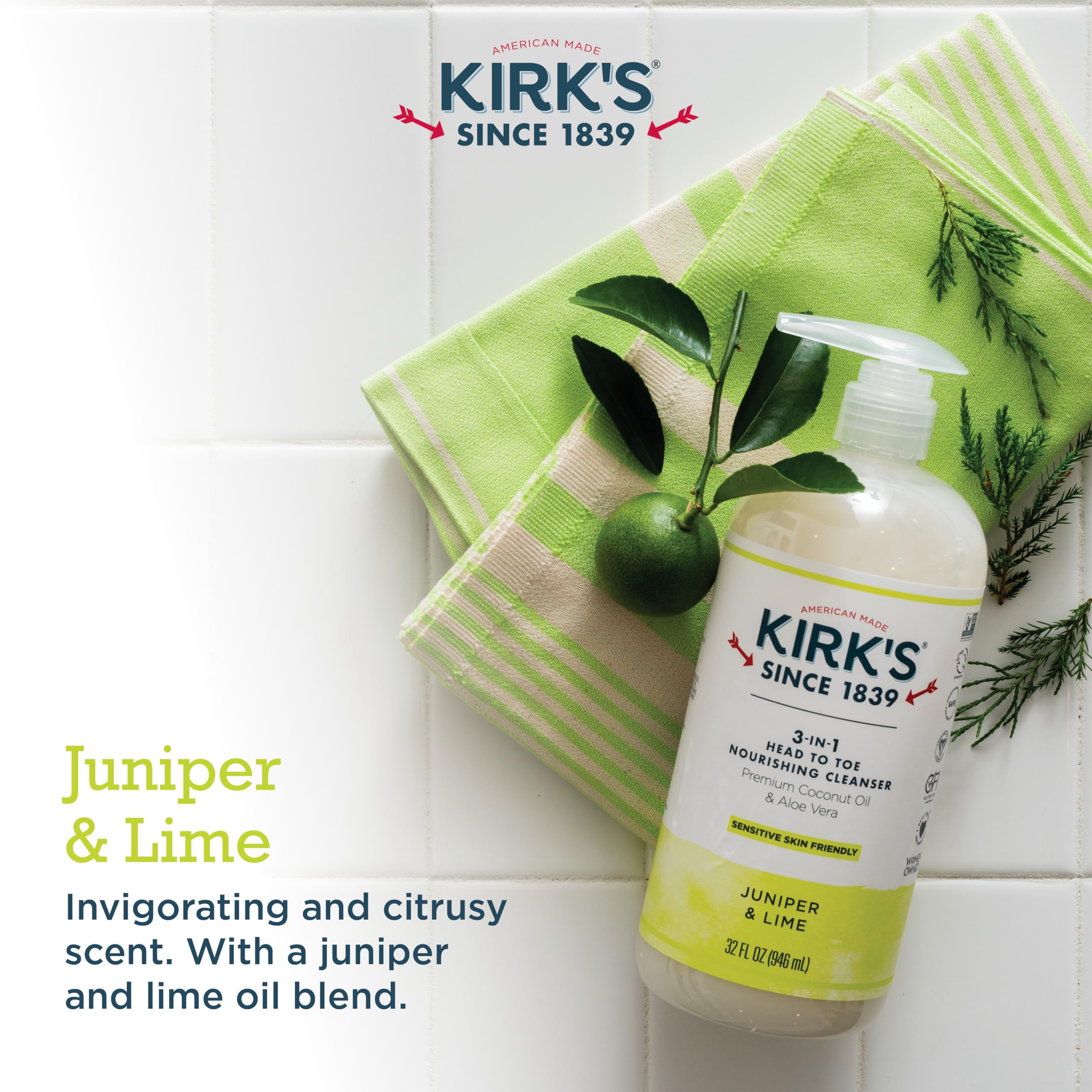 Kirk's 3-in-1 Castile Liquid Soap Travel Size (1.13 oz) - Natural Head-to-Toe Cleanser for Men, Women & Kids | Shampoo, Face Wash & Body Soap | Refreshing Juniper & Lime Scent | Perfect for Travel, Camping & Gym Bags | 32 Fl Oz Bottle