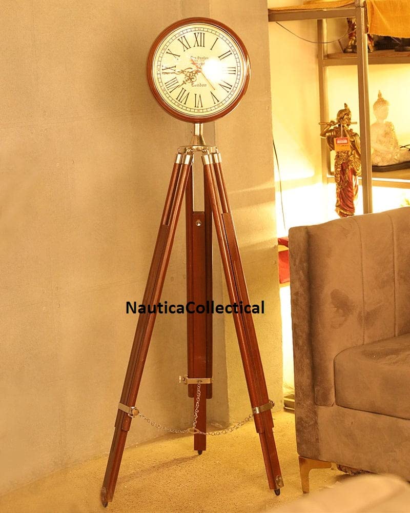 Vintage Industrial Wooden Tripod Floor Clock - Adjustable Height, Vintage Style Home & Office Decor - Perfect for Living Room, Bedroom, Kitchen, Outdoor Spaces & Gift Giving