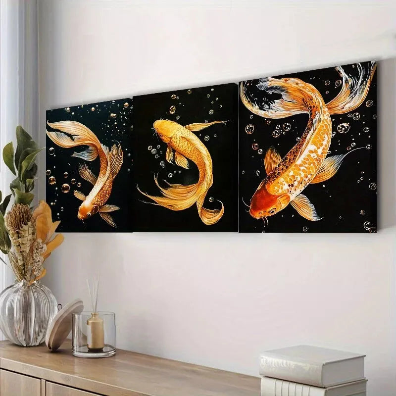 3Pcs Yellow Koi Fish Wall Art Set - Black Background Framed Canvas Paintings 40x60cm - High Quality Print 100% Australian Made - Ready to Hang Home Office Decor for Living Room, Bedroom & Office