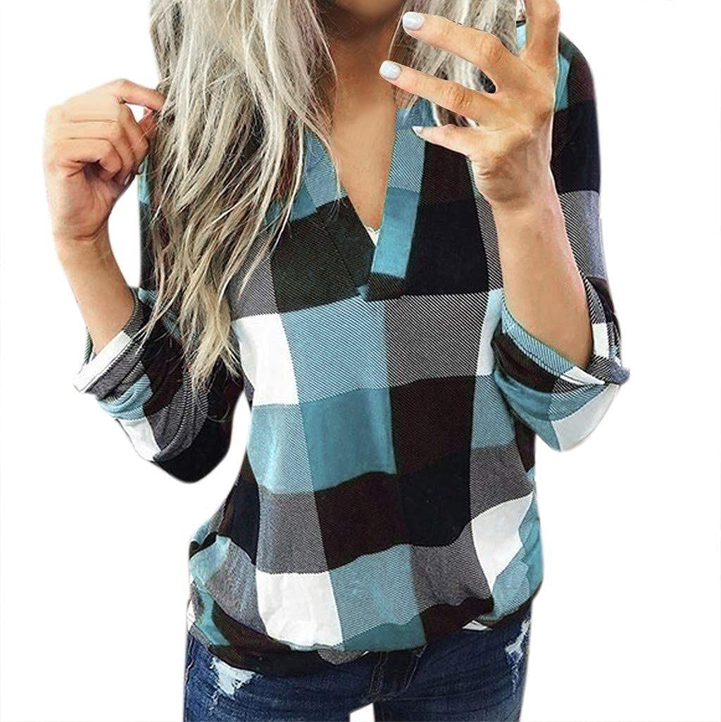 Women's Long Sleeve Plaid Shirt - Casual Cotton Button Down V-Neck Top for Women | Perfect for Fall Layering, Office Wear & Weekend Outfits