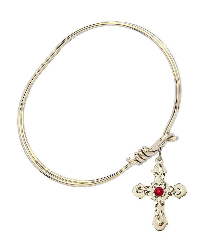 5 3/4 Inch Oval Eye Hook Bangle Bracelet with Cross Medal Charm & July Red Crystal - Elegant Jewelry for Women, Perfect for Gifts, Parties and Daily Wear