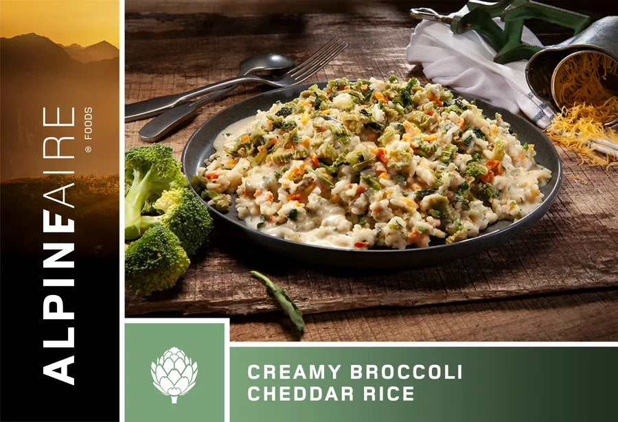 AlpineAire Creamy Broccoli Cheddar Rice - Dehydrated Backpacking & Camping Meal - Lightweight Freeze-Dried Food for Hiking, Emergency Prep & Outdoor Adventures