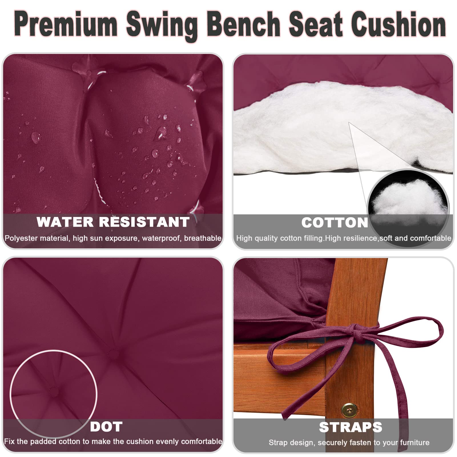 Waterproof Outdoor Swing Replacement Cushions with Backrest - 40x47 Inch Washable Bench Cushions for Patio, Garden & Loveseat (Wine Red) - Perfect for 2-3 Seater Outdoor Furniture & Relaxing in Your Backyard