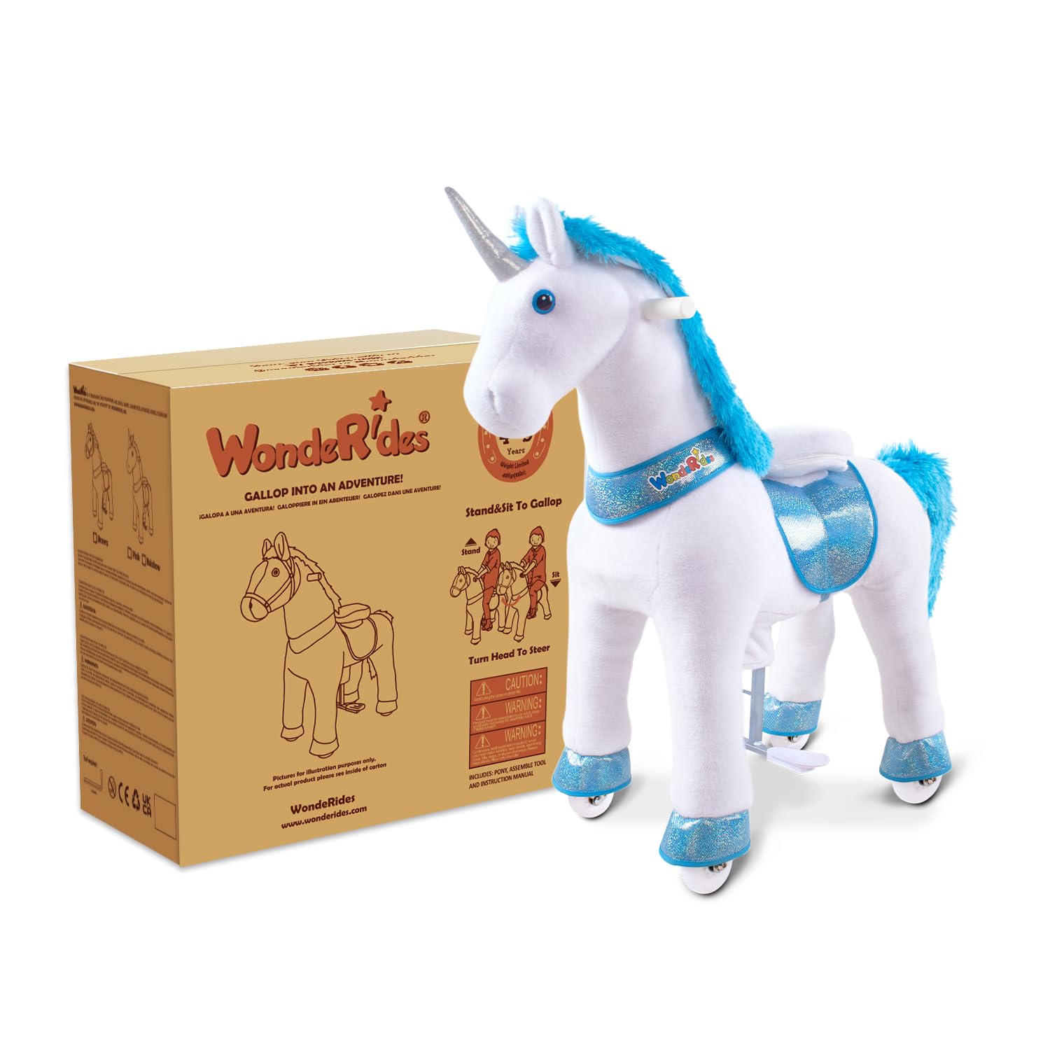WondeRides Blue Unicorn Rocking Horse Toy for Kids - 30.1 Inch Plush Mechanical Riding Pony with Wheels, Ages 3-5 Years | Perfect for Indoor Play, Birthday Gifts & Toddler Motor Skill Development