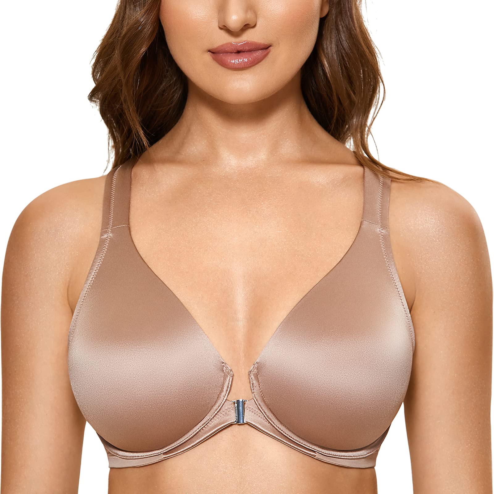 DELIMIRA Women's Front Closure Racerback Bra - Seamless Plunge Underwire Unlined Bras for Yoga, Workout & Everyday Comfort