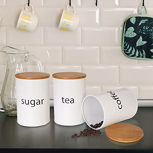 SOTECH 3-Piece White Metal Canister Set with Bamboo Lids - Airtight Sugar Coffee Tea Storage Jars for Kitchen Countertop - Farmhouse Country Kitchen Decor - Perfect for Pantry Organization & Coffee Bar Display
