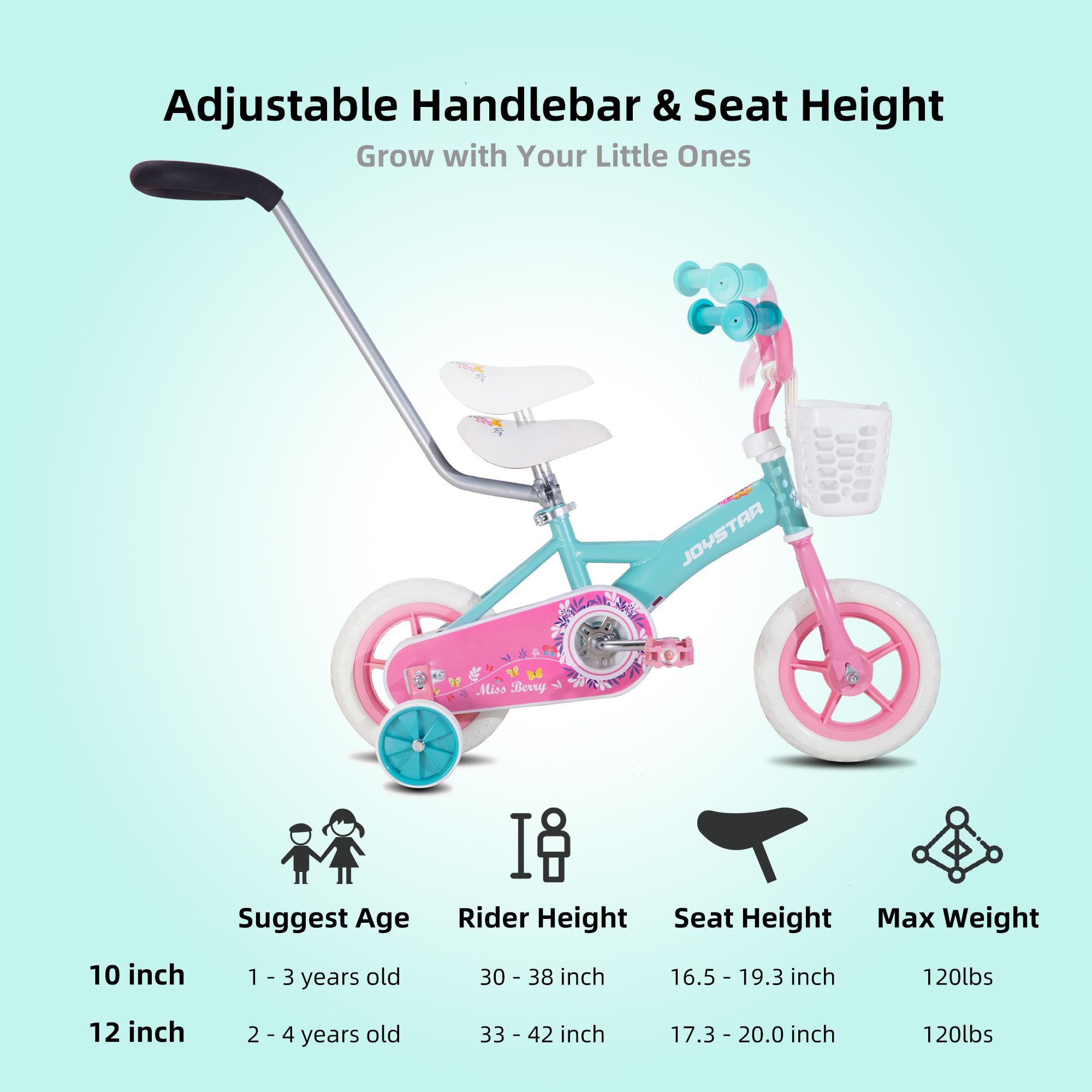 JOYSTAR 10 & 12 Inch Kids Bike for Boys and Girls Ages 1-4 Years - Toddler Bicycle with Training Wheels, Detachable Push Handle & Basket - First Pedal Bike for Toddlers - Perfect for Backyard Riding, Park Adventures & Learning to Cycle (Multiple Colors)
