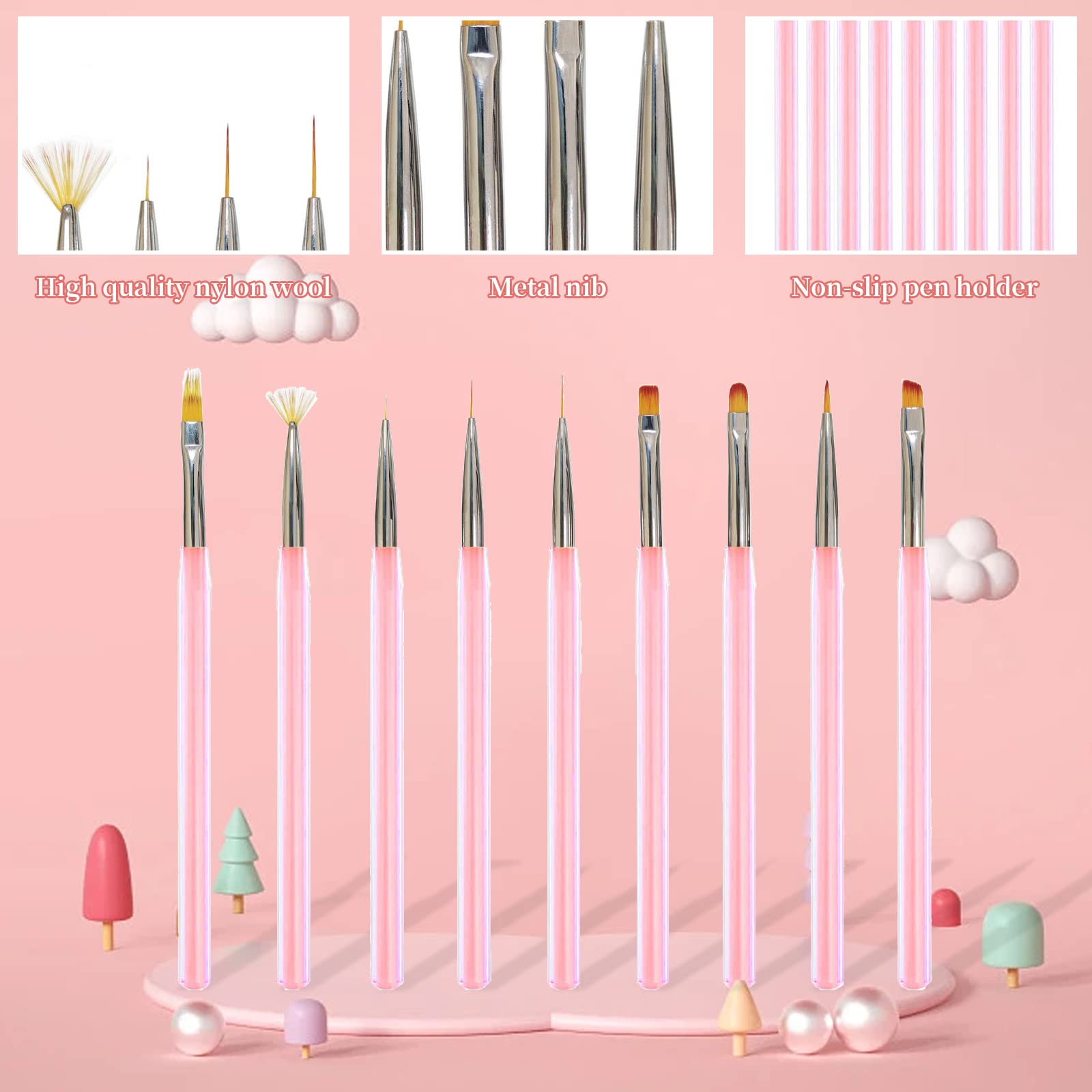 9PCS Professional Nail Art Brush Set for Gel & Acrylic Nails - Dotting Tools, Painting Brush Pens for DIY Nail Designs (Pink) | Perfect for Salon, Home Manicure & Nail Art Enthusiasts
