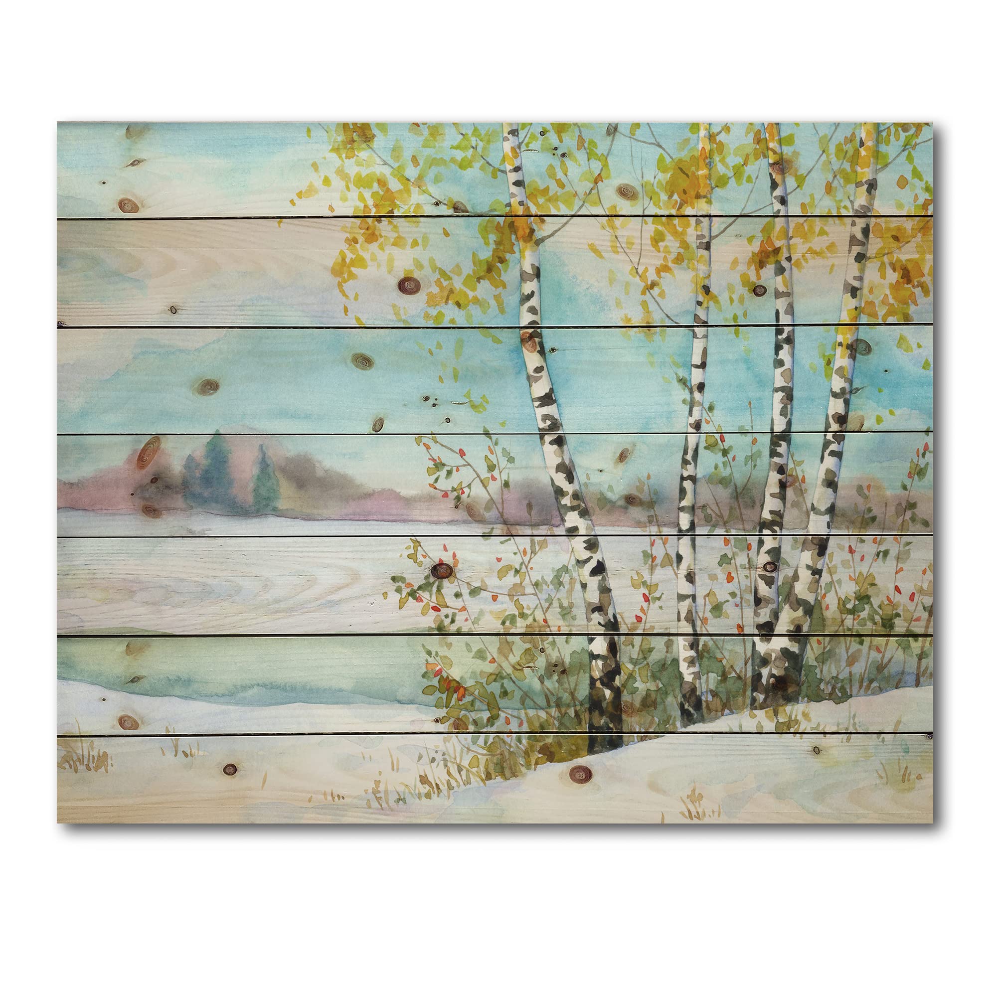 DesignQ Birches in Snowy Field Lake House Wood Wall Decor - Blue Wood Wall Art - Large Landscape Wood Panels Printed on Natural Pine - Perfect for Living Room, Bedroom & Cabin Decor