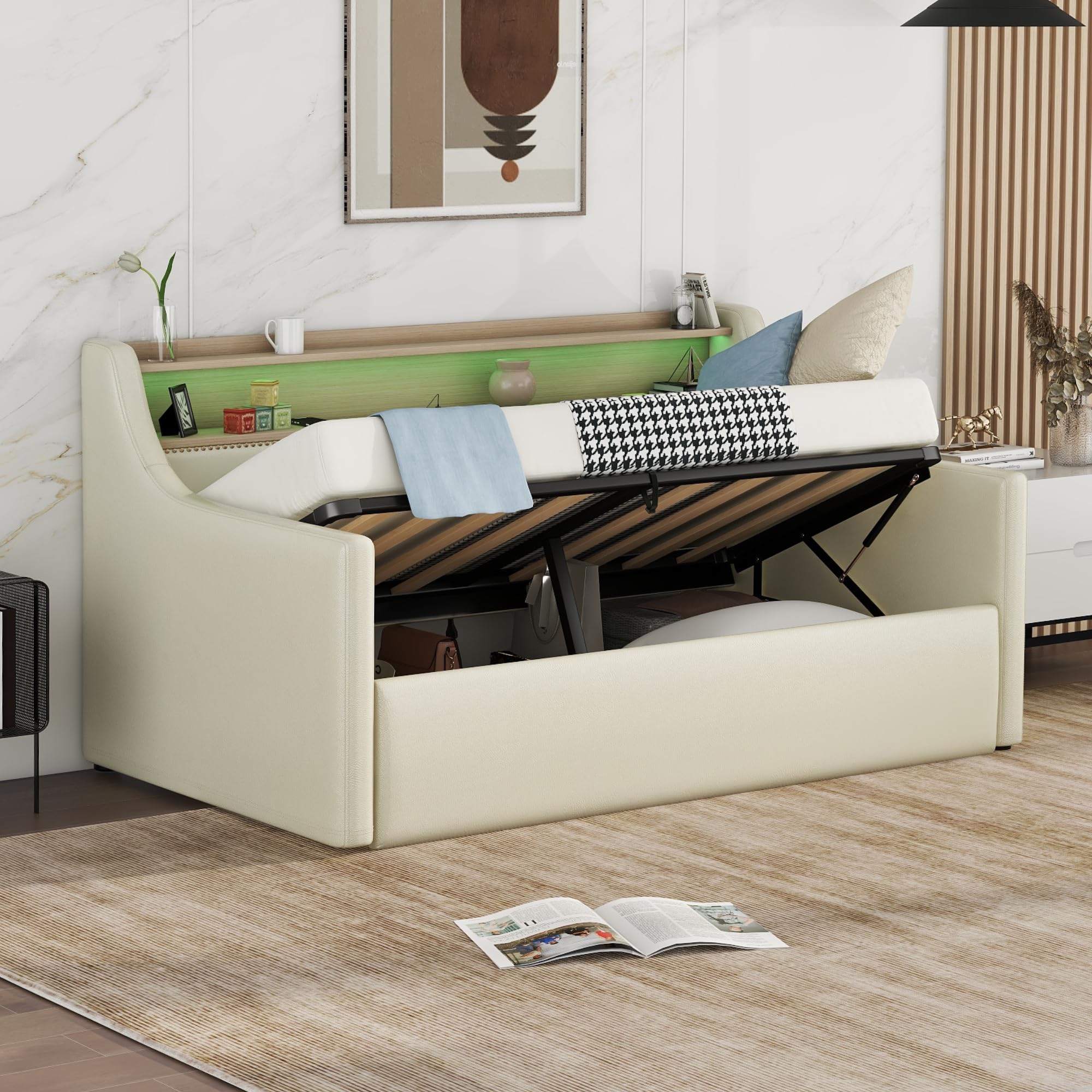 LZ LEISURE ZONE Twin Size Upholstered Daybed with Hydraulic Storage - Lift Up Linen Sofa Bed with USB Charging Station & LED Lights, Beige - Perfect for Small Spaces, Guest Rooms & Modern Apartments