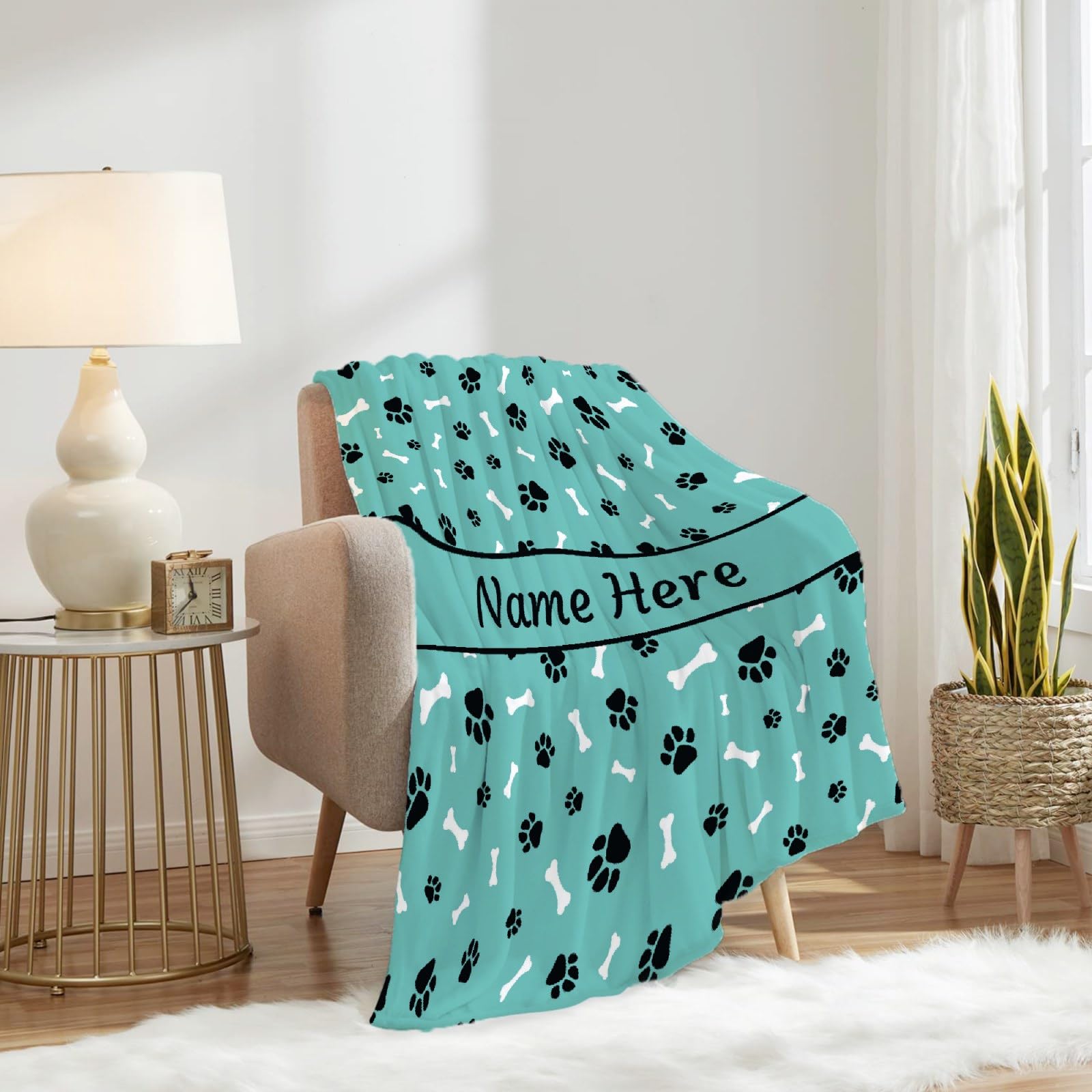 **Personalized Dog Blanket - Custom Name Pet Blanket for Dogs, Puppies - Soft Cozy Fleece Throw Blanket for Bed, Sofa & Travel - Perfect Gift for Dog Lovers, Mom, Dad - Cute Paws & Bones Design**    *(Use Scenes: Great for snuggling at home, keeping your pet warm during travel, or as a thoughtful gift for dog lovers!)*