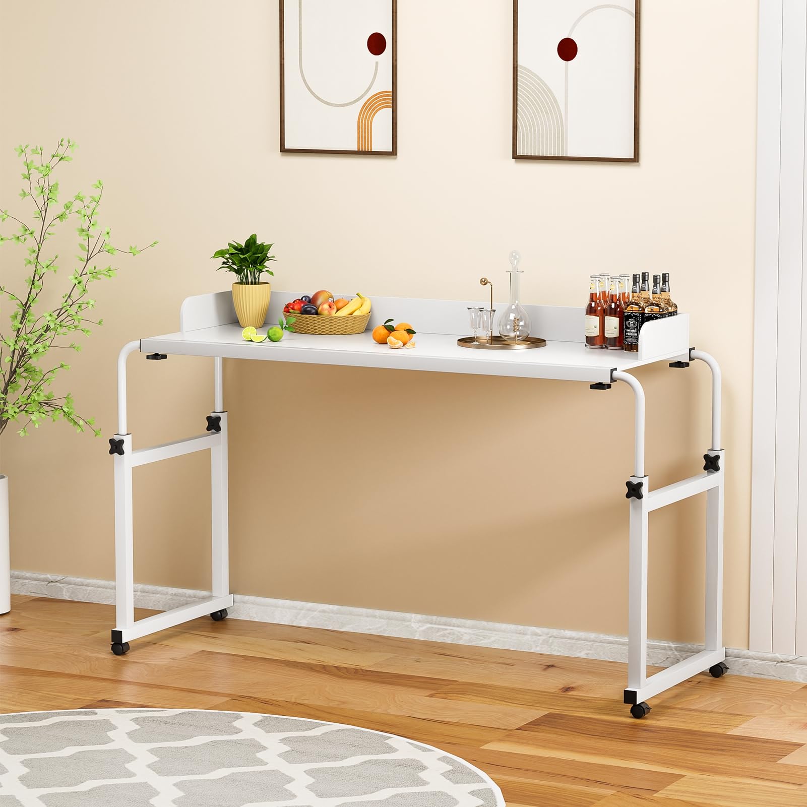 Adjustable Height Overbed Table with Wheels - Portable Rolling Desk for Laptop, Standing Workstation - Ideal for Hospital, Home Office & Bedroom Use - White Mobile Table with Raised Edge