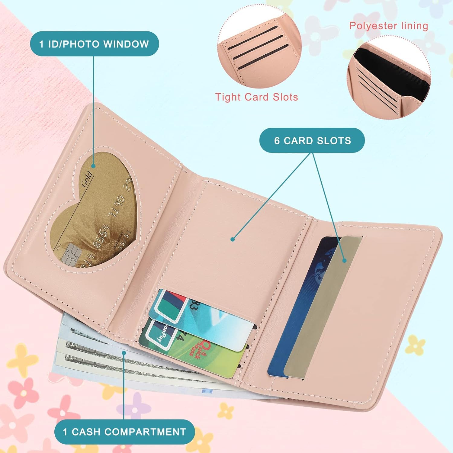 Valerie Cute Small Wallets for Teen Girls & Women - PU Leather Trifold Wallet with 3D Floral Buckle, ID Window, Cash Pocket & Card Holder - Perfect for School, Travel & Everyday Use (Pink)