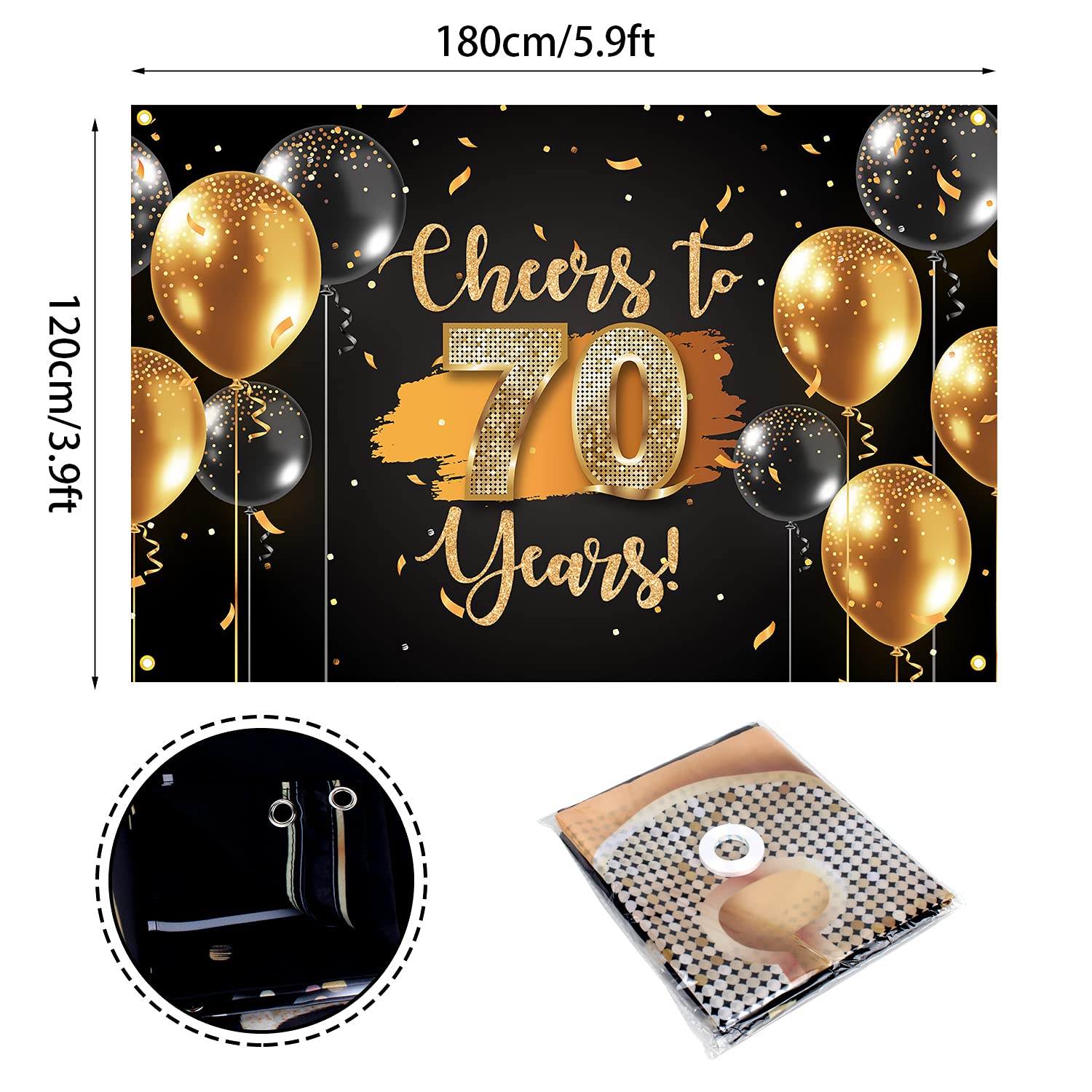 Happy 70th Birthday Backdrop Banner - Gold & Black Anniversary Photography Background Decor for Women & Men - Perfect for Milestone Celebrations, Retirement Parties & Family Gatherings