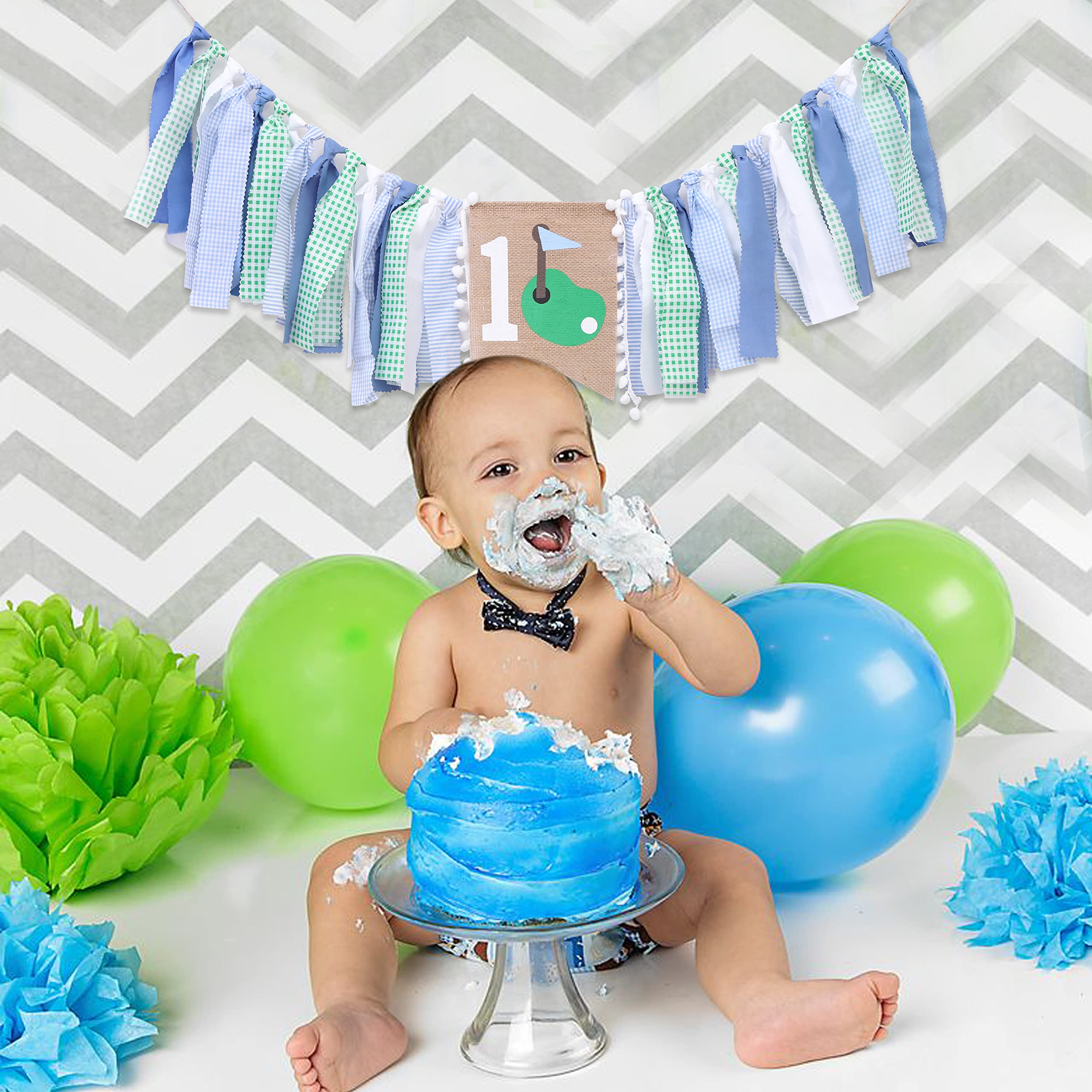 1st Birthday Highchair Banner - Golf Theme Party Decorations for Girls & Boys | Green & Blue Rag Garland Banner for First Birthday, Cake Smash Photos & Fore Par-tee Celebrations | Perfect for Golf-Themed 1st Birthday Parties, Highchair Decor & Photo Backdrops