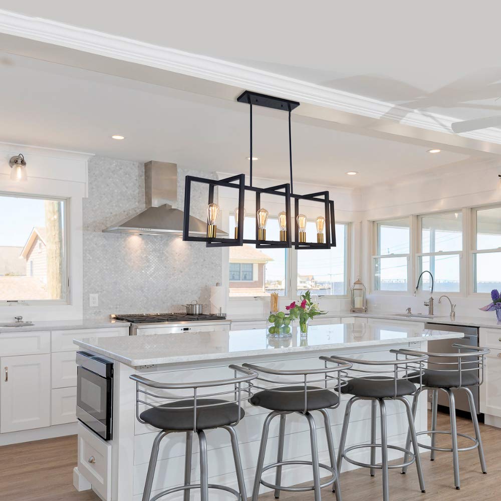 Modern Industrial 6-Light Kitchen Island Pendant Lighting Fixture - Antique Brass Finish Linear Hanging Light for Dining Room, Bar, Restaurant & Home Decor
