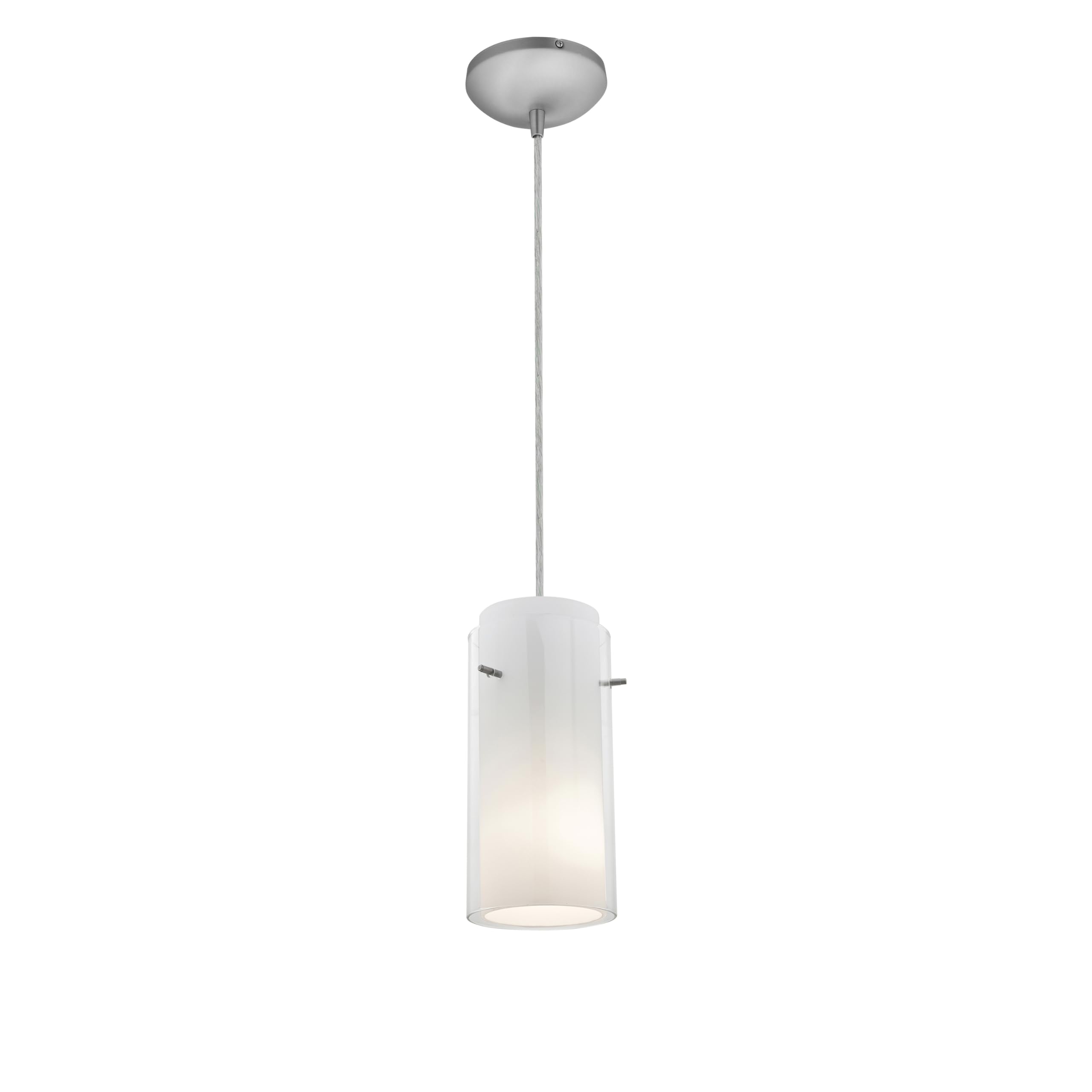 E26 LED Pendant Light with Clear & Opal Glass Shade - Brushed Steel Finish - Modern Cylinder Hanging Lamp for Kitchen Island, Dining Room & Bedroom Lighting