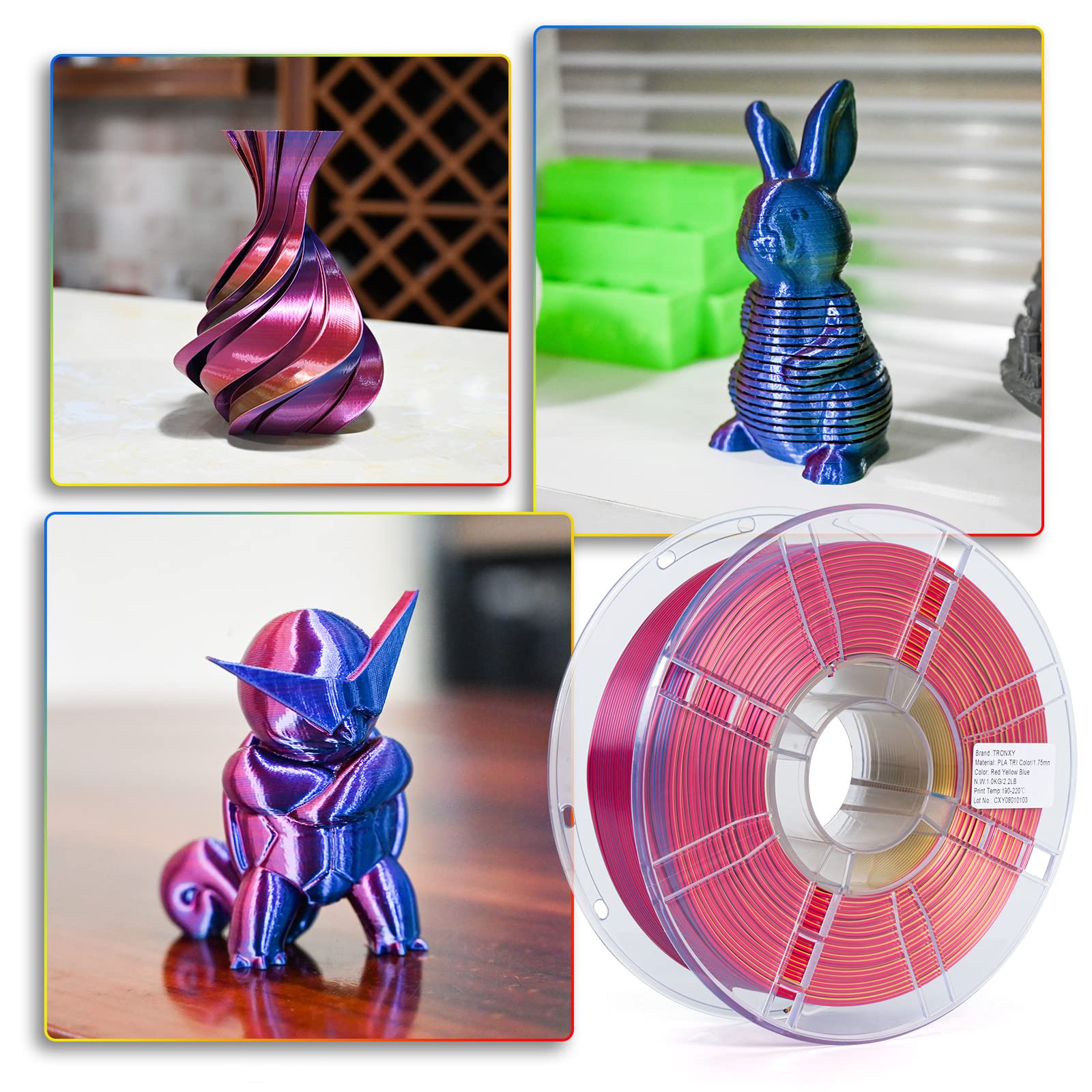 TRONXY 3D Printer Filament, Triple Color Coextrusion PLA Filament 1.75mm, Silk Red Yellow Blue Filament, 3D Printing Filament +/-0.03mm, 1kg/2.2lbs - Perfect for DIY Projects, Cosplay Props, and Creative Models
