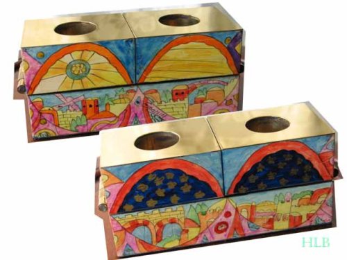 Hand-Painted Hanukah Chanukah Menorah Shabbat Candle Set by Yair Emanuel - HCS 5 - Elegant Jewish Holiday Decor for Home & Synagogue Celebrations