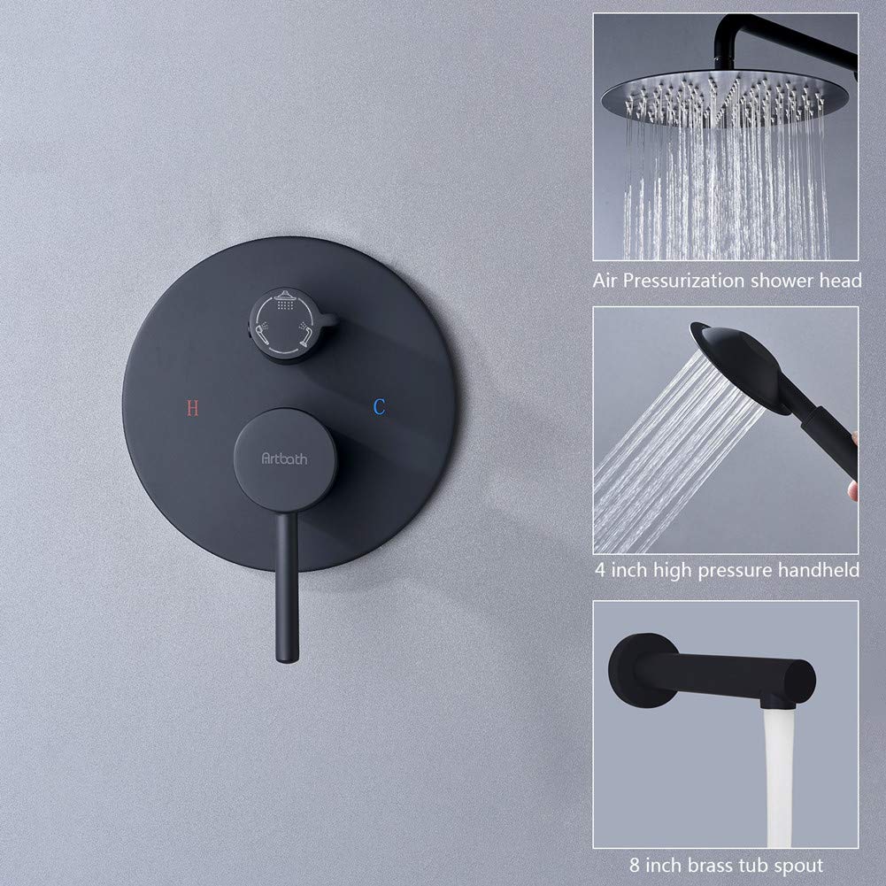 Black Wall Mount Bathtub Shower System - 3 Function Tub & Shower Trim Kit with 12 Inch Rain Shower Head, Handheld Spray & Tub Spout - Includes Rough-in Valve for Easy Installation - Perfect for Bathroom Renovation & Modern Home Spa Experience