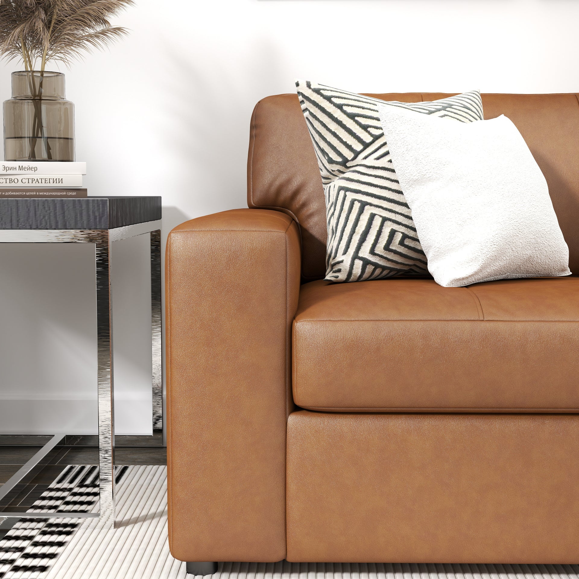 Roundhill Furniture Sakan Genuine Leather Upholstered Sofa - Modern Living Room Couch for Home, Office & Lounge Comfort