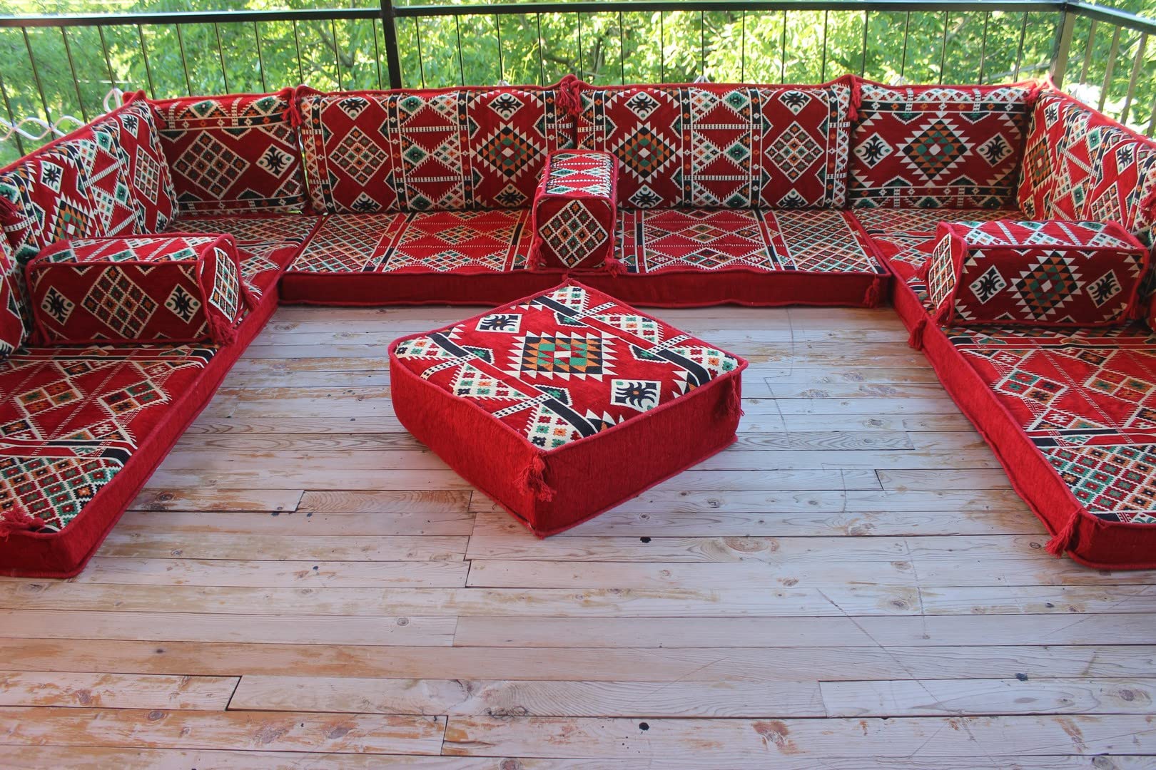 U-Shaped Floor Sofa Set - Red Modular Sectional Cushions for Living Room, Bedroom & Outdoor Patio Furniture | Oriental Decor Bench Sofa with Comfortable Floor Seating