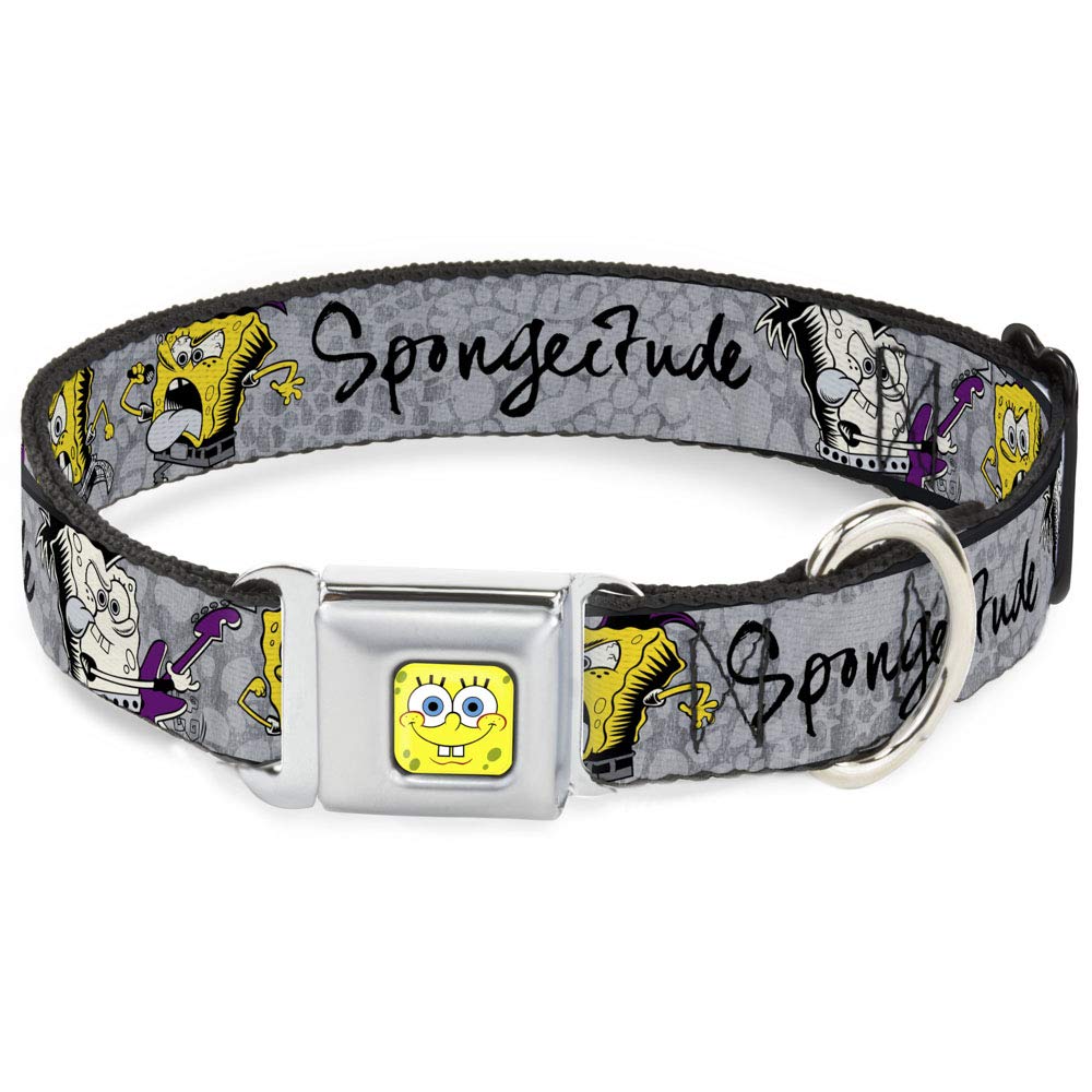 SpongeBob Dog Collar with Seatbelt Buckle - 3 Fun Poses (Grays & Black) - Adjustable 9-15 Inches, 1.0 Inch Wide - Perfect for Car Rides, Walks & Costume Play