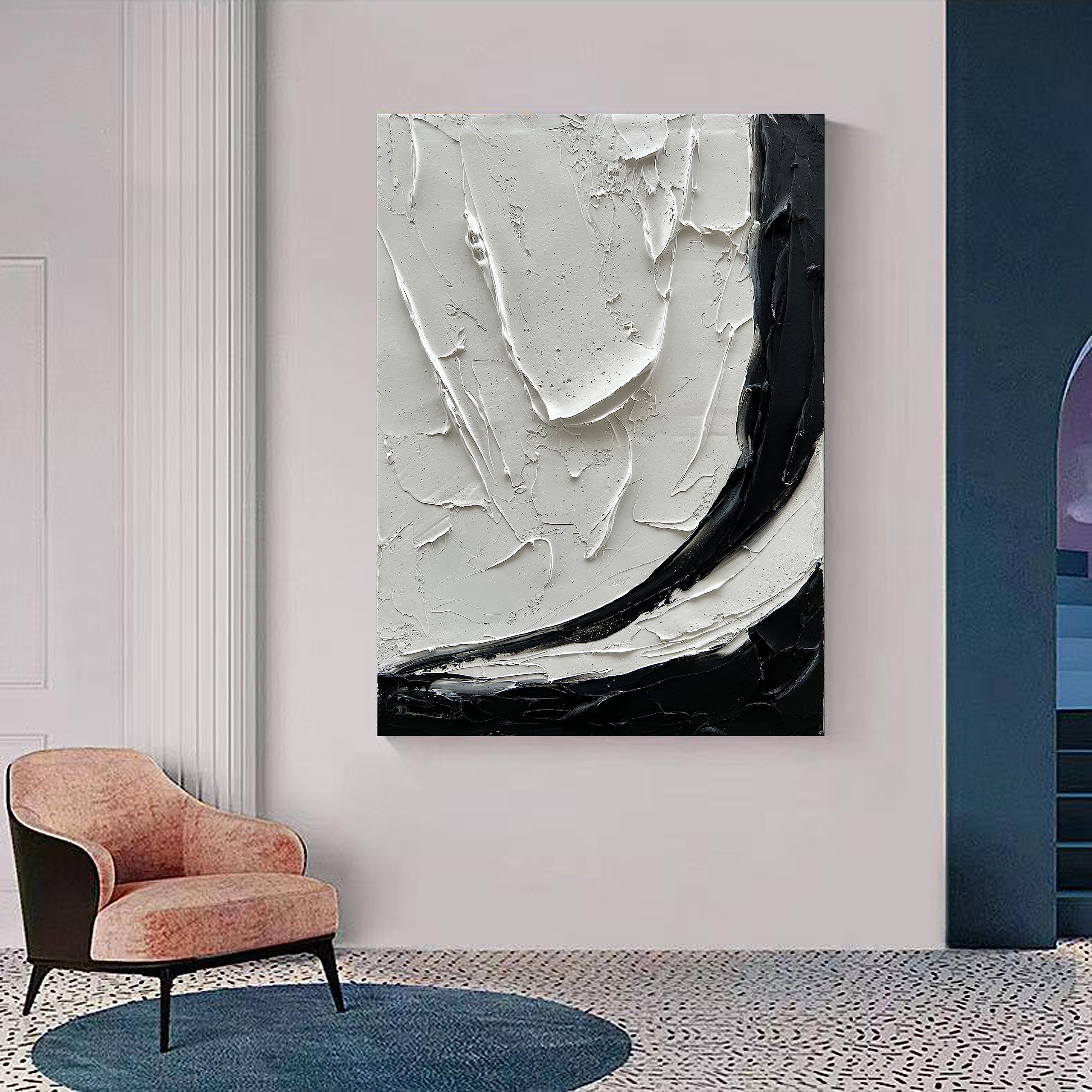 40x28 Inch Modern Black and White Minimalist Oil Painting - Hand-Painted Wall Art for Home & Office Decor | Living Room, Bedroom, Dining Room Wall Decoration
