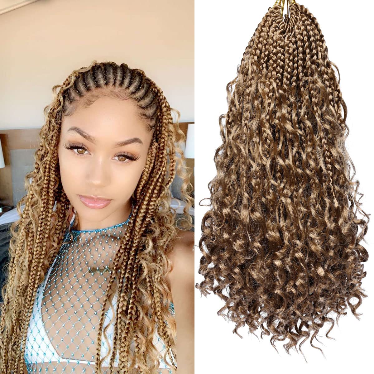18 Inch Ayana Goddess Box Braids Crochet Hair - Bohomian Synthetic Crochet Braids with Curly Ends for Women (Pack of 7, #27) | Perfect for Protective Styling, Everyday Wear & Special Occasions