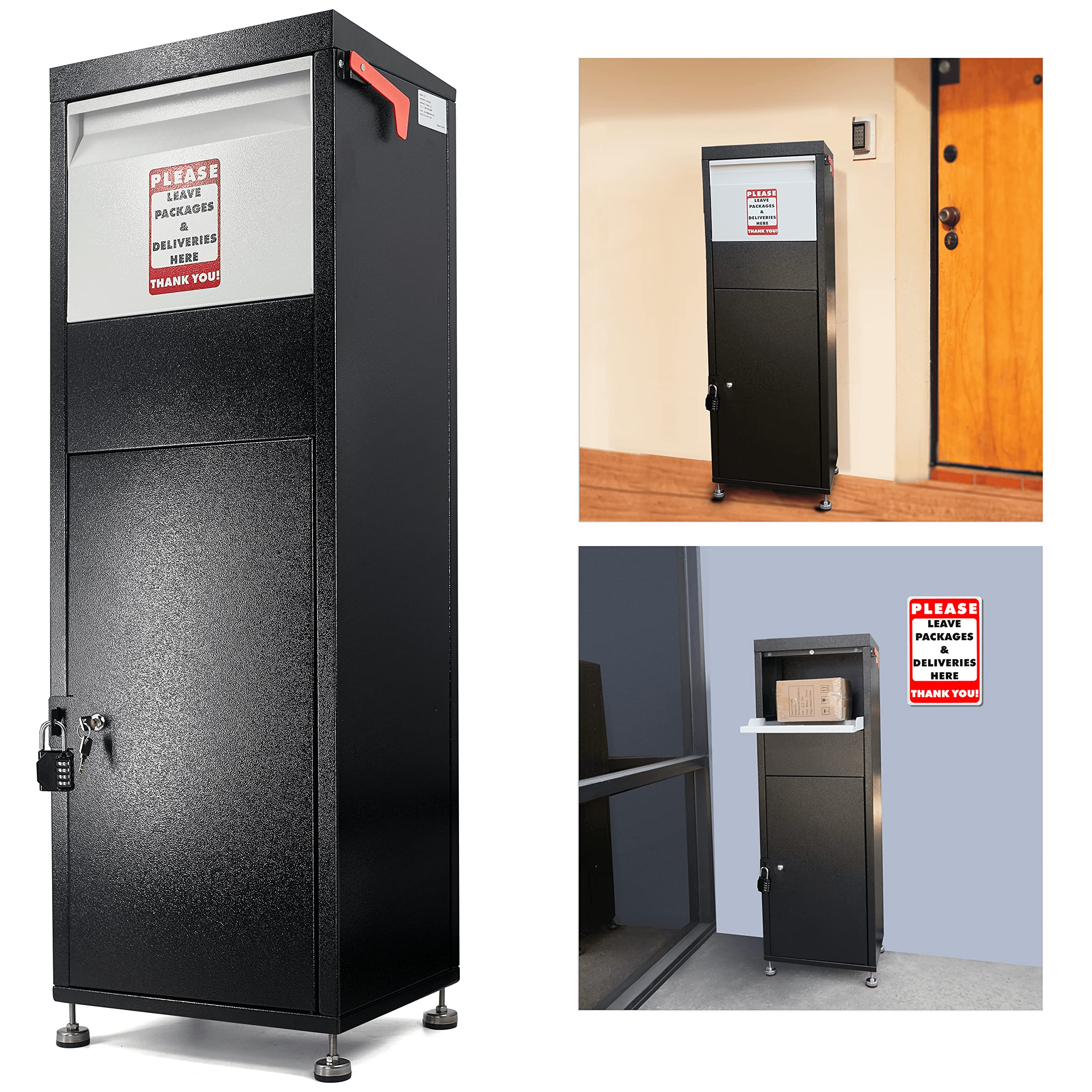Secure Locking Parcel Drop Box 15x11.25x45.25 Inch - Weatherproof Package Safe with Key & Combination Lock, Red Flag Alert, Mounting Hardware - Ideal for Home, Business & Apartment Package Delivery Security - Perfect for Front Porch, Garage & Office Building Package Protection