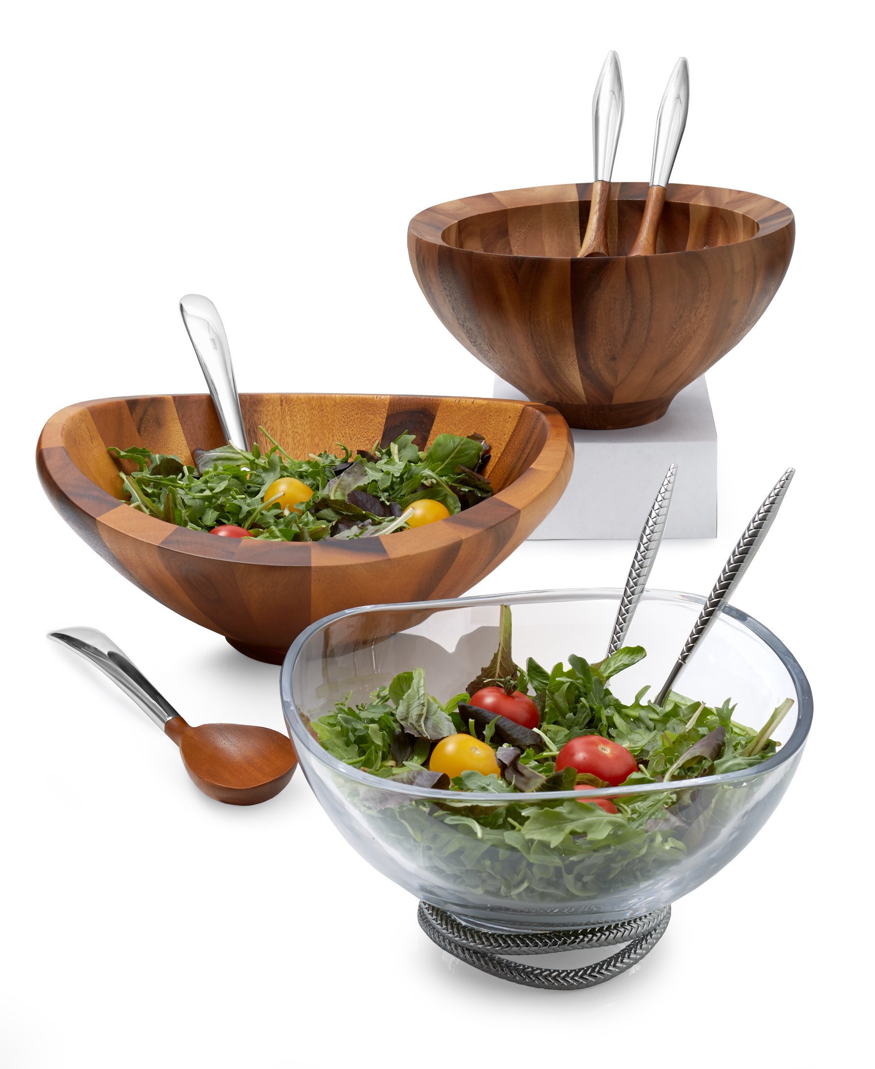 Nambe Butterfly Acacia Wood Salad Bowl Set with 2 Servers - 16-inch Large Deep Wooden Serving Bowl for Salads, Fruits & Entertaining | Durable Acacia Wood & Alloy Design by Sean O'Hara | Perfect for Dinner Parties, Picnics & Family Gatherings