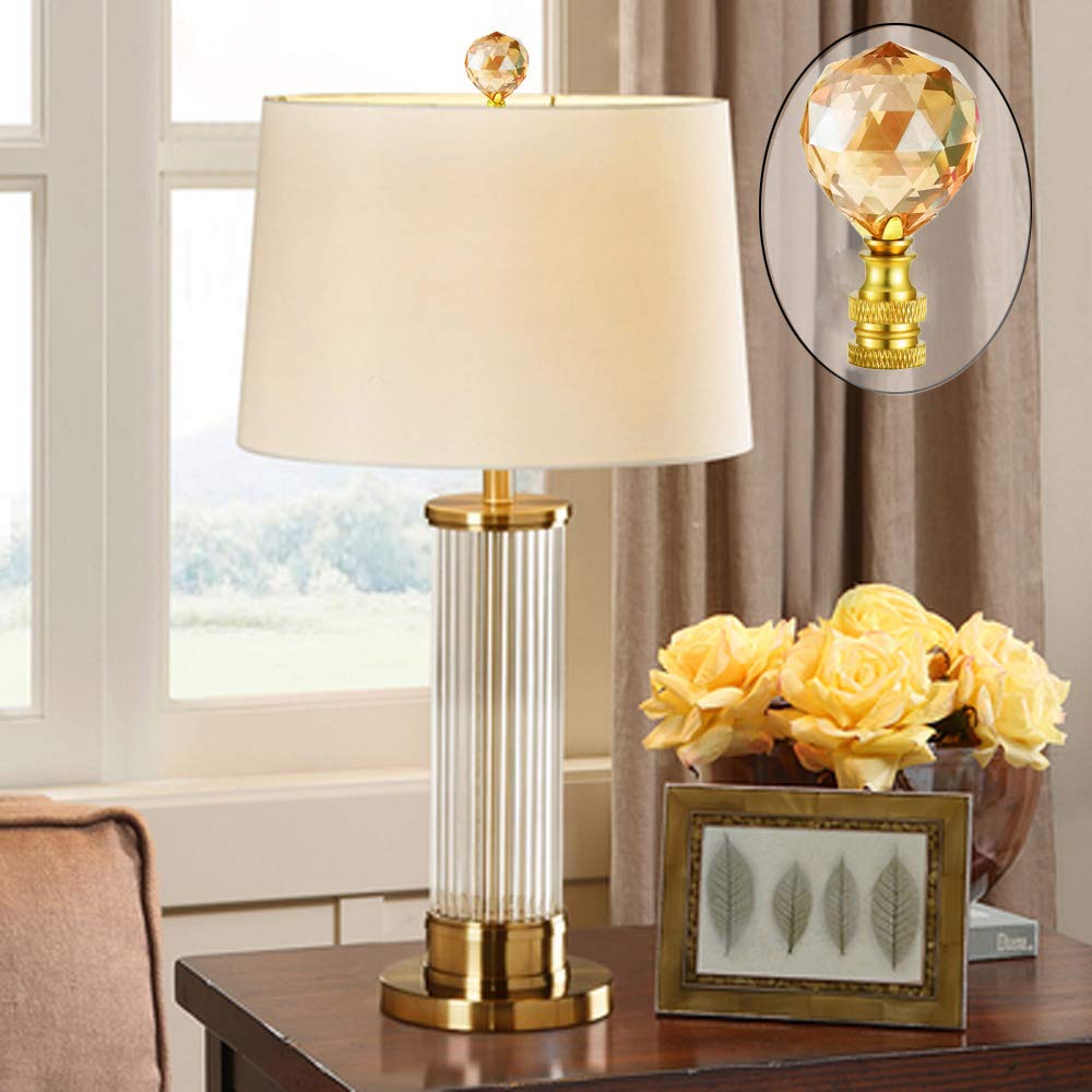 2Pcs 2-1/3 Inch Clear Champagne Crystal Lamp Finials with Polished Brass Base - Faceted Screw Top Knob for Lamp Shade Decoration - Perfect for Chandeliers, Table Lamps & Home Lighting Fixtures