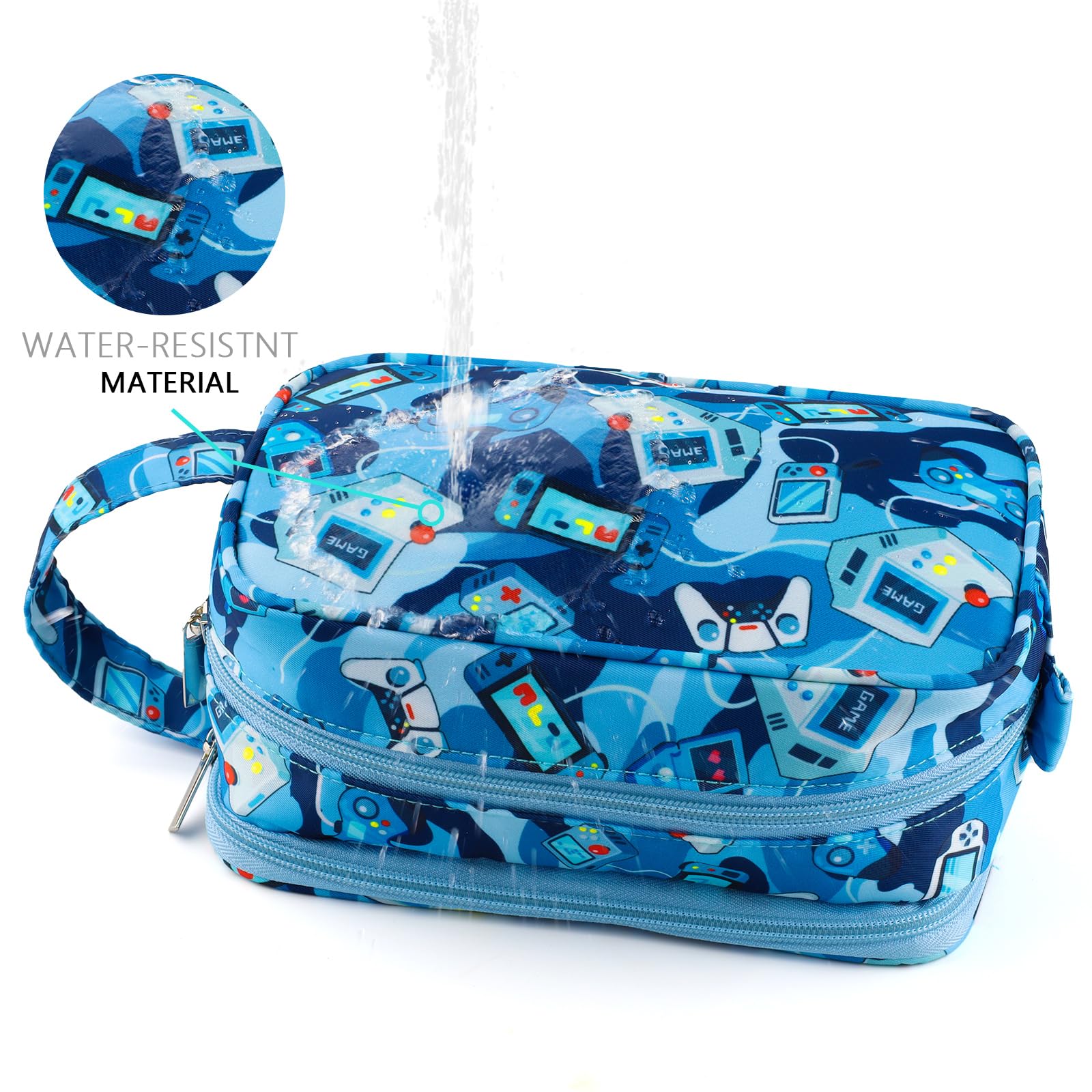 Waterproof Hanging Toiletry Bag for Boys - Kids Travel Wash Bag with Camo Blue Design - Perfect for Toddler Travel, Camping & Sleepovers